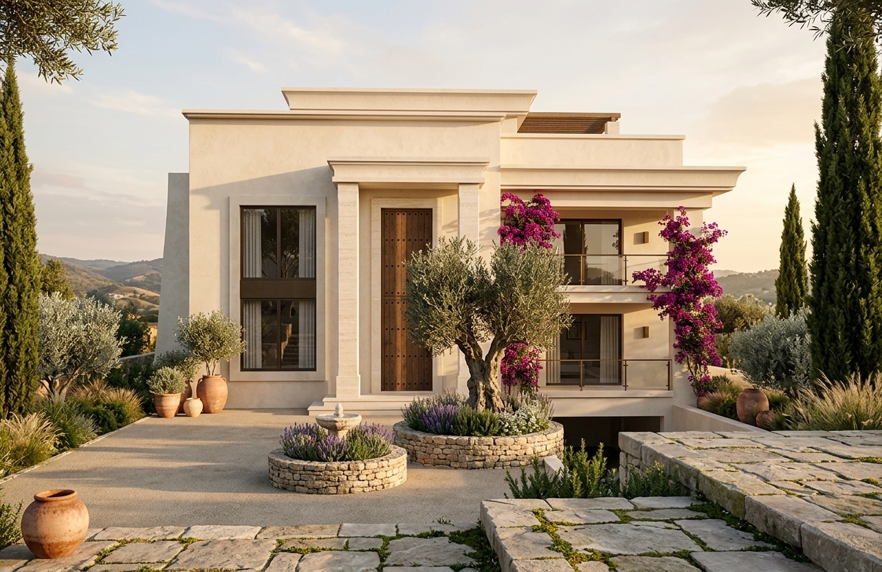 An incredibly lifelike, richly detailed, photorealistic exterior eye-level shot of a luxurious Mediterranean retreat set in a rolling, sun-drenched estate. The scene is illuminated by the warm, golden glow of a late afternoon sun casting long, soft shadows, creating a serene and inviting atmosphere. Captured with a professional 35mm lens, emphasizing the rich, organic textures of hand-applied plaster, natural stone, and lush, revamped landscaping.

The twin-level villa retains its original height and grand proportions while showcasing beautifully updated facade details. The front entrance is now framed by elegant, minimalist travertine stone pillars that support a clean-lined architrave, replacing the previous ornate classical columns. The grand entry door has been reimagined as a heavy, rustic dark-oak timber door adorned with hand-forged black iron studs. To the left, the large window frame is finished in a sleek, dark bronze steel, offering a sophisticated contrast to the warm-toned, subtly textured ivory plaster of the exterior walls. On the right, the balconies feature simplified low-profile glass balustrades with bronze handrails, replacing the older ironwork. Nestled gracefully into the upper setback, a private attic-level terrace is visible, blending seamlessly into the roofline without altering the building’s original height.

The landscaping has been completely transformed into a lush Mediterranean paradise. The central fountain has been replaced by a beautiful, mature, gnarled olive tree set within a low, circular bed of rough-cut dry-stone, underplanted with aromatic French lavender, wild rosemary, and delicate white salvias. The paved driveway and walkways are now made of large, irregular flagstones with soft moss and sprigs of green growing naturally in the joints. Cascading down the balconies, vibrant, wild magenta bougainvillea climbs up the right side of the facade, introducing bursts of rich color. On either side of the property, the iconic tall cypress trees are now accompanied by terracotta pots of varying sizes, silver-leafed olive shrubs, and ornamental grasses that dance in the light breeze, grounding the estate beautifully into its natural coastal environment.