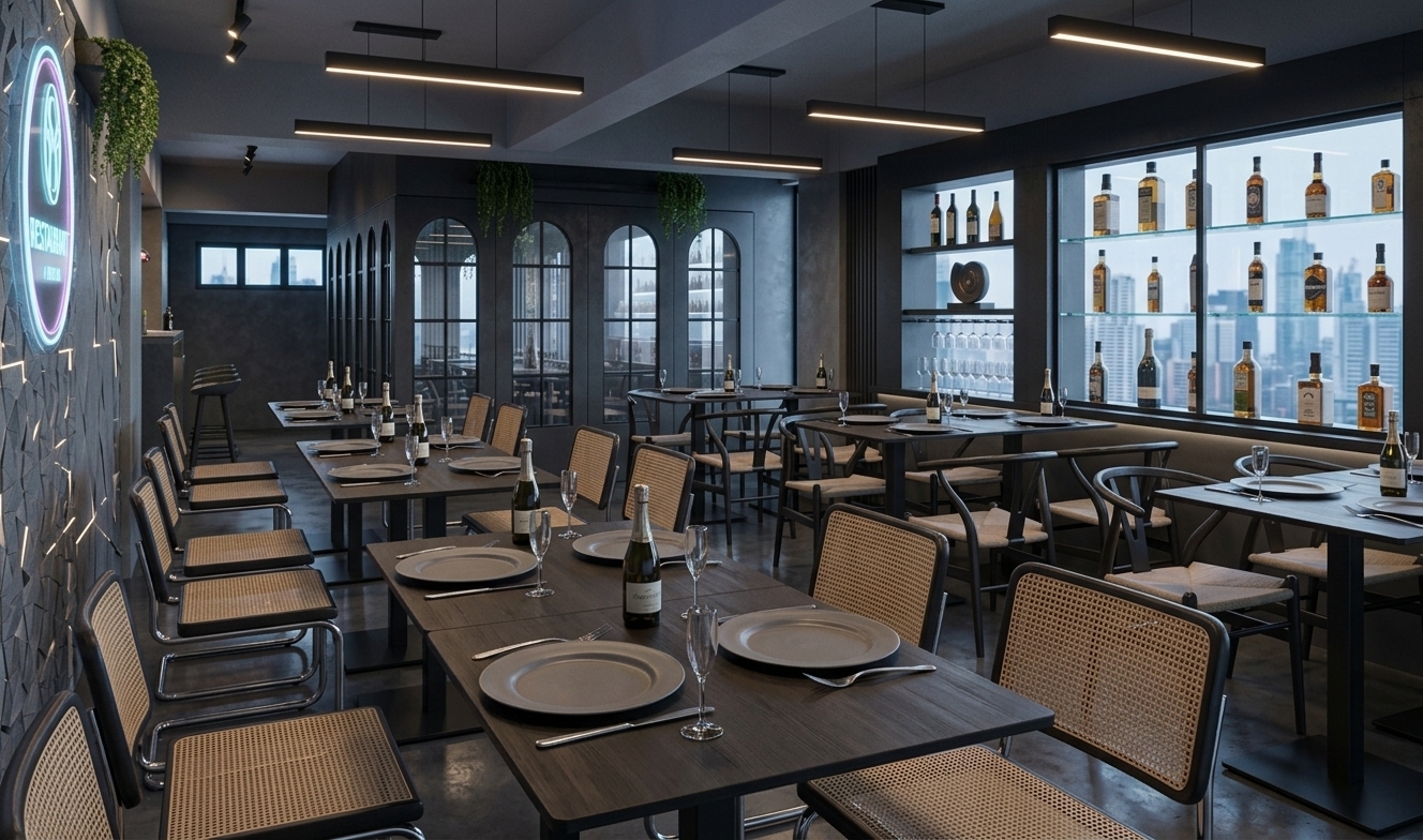 An incredibly lifelike, richly detailed, photorealistic wide-angle interior photo of a sleek dining area in a contemporary restaurant set in a vibrant urban metropolis. The scene is illuminated by minimalist, suspended linear light bars and the subtle, cool glow of a circular holographic-style wall sign, creating a moody, neon noir atmosphere. Captured with a 24mm tilt-shift lens, emphasizing the fine wicker weaving of the stylish dining chairs, the matte finish of the dark wood tables, and the crisp reflections on glass champagne flutes. The composition draws the eye past meticulously set tables toward a stunning glass-walled wine cellar with elegant arched paneling. Shades of black, slate gray, and dark timber dominate the space, accented by industrial concrete walls, a textured geometric feature wall, and a touch of organic warmth from cascading indoor plants, embodying a perfect balance of high-tech cyberpunk sleekness and refined modern luxury.
