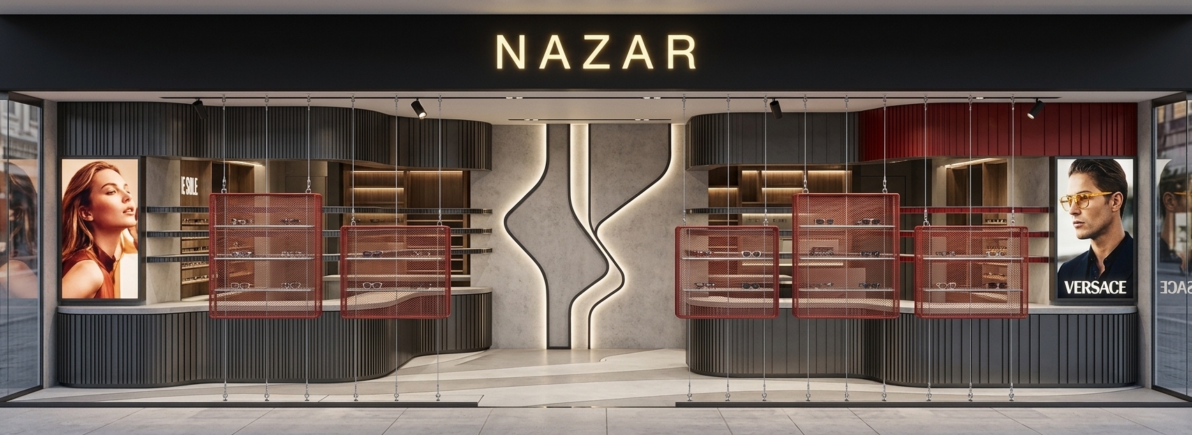 A professional architectural photograph of a modern, upscale eyeglass store storefront named NAZAR, keeping the exact geometry and composition of the original design. The wide matte-black fascia band spans the top, featuring the shop name in soft, warm-yellow backlit lettering. Below the header, the hanging rectangular display cases are realistically rendered as industrial-chic, semi-translucent red wiremesh structures held by delicate vertical wire strings that catch subtle specular highlights. The curved lower counters feature charcoal-grey ribbed panels with a fine, natural metallic texture. At the center, the organic wave-like panels are made of smooth, textured light-grey concrete bordered by dark hand-brushed steel trims. Inside, warm,-toned accent spotlights illuminate the sleek shelving, casting soft, realistic shadows on the interior surfaces, while the backlit fashion marketing posters on the side walls glow with vibrant color. The entire scene is captured through an invisible, pristine glass storefront with faint, realistic reflections of an external environment, photographed with a high-end architectural camera and a wide-angle lens, showing natural imperfections like subtle dust particles in the air, soft lens vignetting, and authentic material textures.