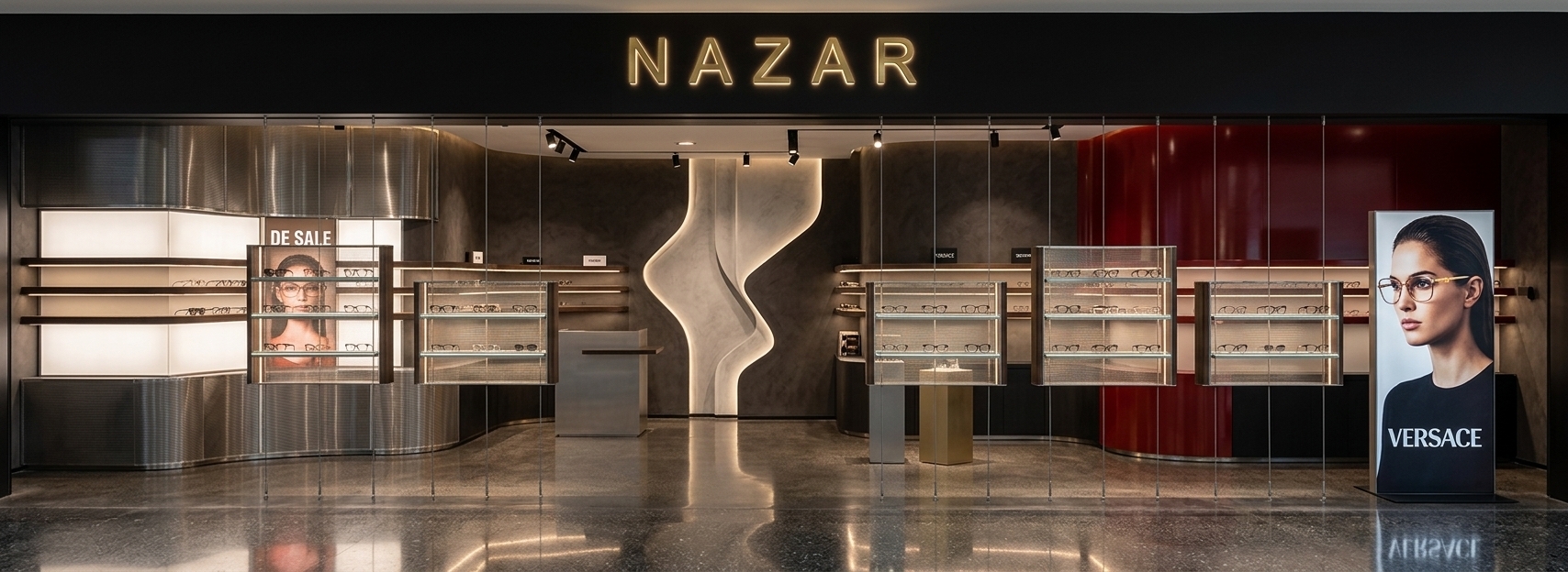 A professional, high-end architectural photograph of a luxury eyeglass store storefront under balanced mall lighting. The wide storefront features a matte black header with the word NAZAR rendered in a warm, golden-yellow backlit glow. The intricate front display units are constructed from fine, semi-transparent steel wiremesh panels and thin, vertically tensioned strings that catch crisp highlights from the integrated LED strip lighting. Polished glass shelves sit within the wiremesh structure, catching subtle reflections of the interior. The curved backdrop surfaces are finished in textured dark charcoal stucco, offset by a vibrant red lacquered accent on the upper right curve and a organic, light-grey textured plaster finish on the central sculptural entrance portal. The glossy tiled floor in the foreground shows soft, realistic reflections and natural micro-scratches. Shot with a professional shift-lens on a medium format camera, the image captures realistic material textures, subtle dust on glass surfaces, and a natural balance between the cool ambient light of the corridor and the warm, inviting glow of the store interior, maintaining the exact geometric layout, composition, and perspective of the original scene.