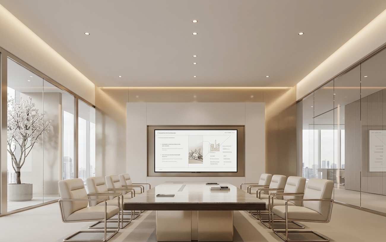 An incredibly lifelike, richly detailed, photorealistic eye-level interior photo of a high-end meeting room set in a luxury corporate office. The scene is illuminated by a combination of soft, integrated sculptural lighting, hidden warm-toned cove LEDs, and minimal recessed spotlights, creating a balanced and sophisticated atmosphere. Captured with a professional 50mm lens, emphasizing the clean-lined architectural details and authentic textures, the design epitomizes contemporary elegance. The palette is a refined harmony of warm white, pearl, champagne, and soft gray, highlighted by a polished champagne-toned metallic accent wall that mirrors the light-filled layout. At the center sits a large, custom boardroom table featuring polished stone surfaces, styled simply with a minimal photography book. Surrounding it are tailored upholstered leather chairs with slim chrome metal accents that provide a touch of understated polish. A large, recessed digital screen acts as a framed piece of abstract wall art on the central pearl-white partition wall, while a glass bay on the left frames curated decor in the form of a sculptural, white-blossomed tree, enhancing the room's airy, elegant, and balanced aesthetic.