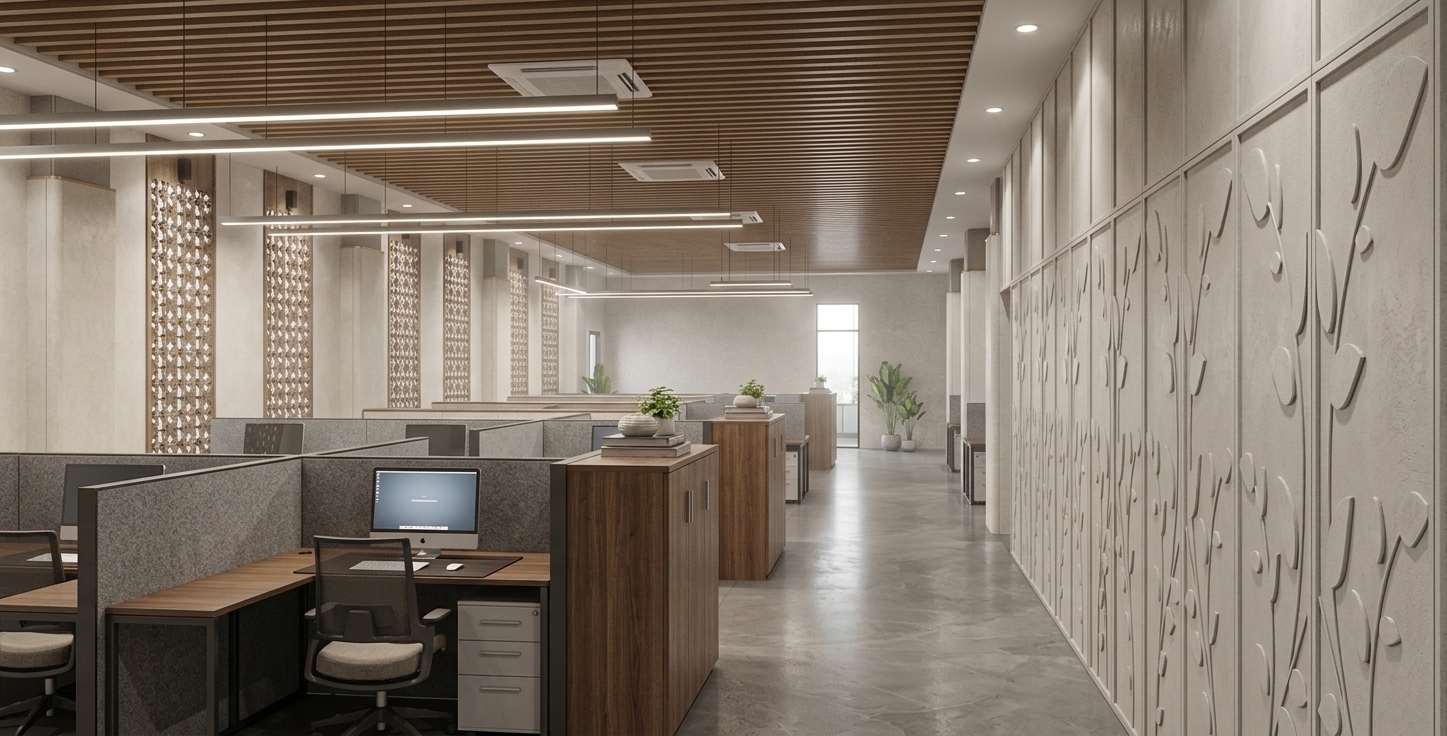 A professional interior photograph of the modern, open-plan office space at midday during summer, captured with a wide-angle lens. Bright, natural summer sunlight floods the space, mixing with the soft, diffused cool light from the overhead linear LED fixtures suspended from the slatted oak wood ceiling. The scene is rendered with rich material textures: the office desks have a tactile matte wood grain surface, the desk dividers feature a finely woven blue-grey fabric, and the office chairs show realistic mesh and matte plastic details. On the right, the large decorative wall panels with leaf patterns have a smooth, matte grey plaster finish that catches the bright daylight to cast soft, directional shadows. The concrete floor has a subtle, low-gloss sheen with faint, realistic dust particles and micro-scuffs. This realistic image displays perfect depth of field, sharp details throughout, a warm color temperature balanced with cool daylight, and natural lens characteristics like very subtle film grain and chromatic aberration.