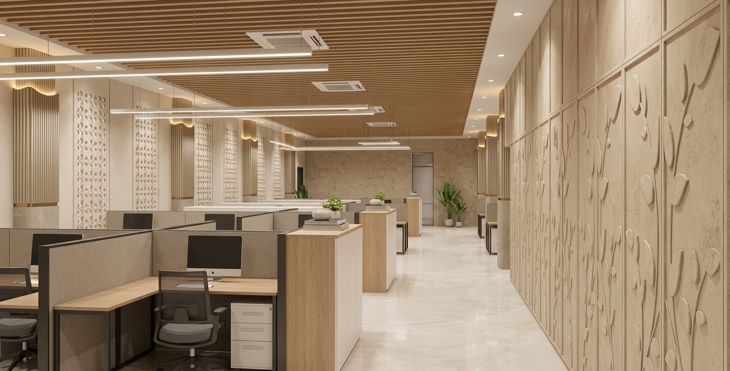 An architectural interior photograph of a modern open-plan office, taken with a professional wide-angle lens at eye level to perfectly preserve the original camera angle, composition, and structural layout. The floor is finished in large-format polished porcelain tiles with a warm white-and-beige marble-veined pattern, casting soft, diffuse specular reflections of the interior lights. On the left, modular workstations feature partitions upholstered in soft grey acoustic fabric, supporting light oak desktops with a matte satin finish, dark screens, and charcoal mesh chairs, interspersed with tall filing cabinets in a warm, light-beige matte laminate topped with white surfaces and small decorative plants. Above, a linear ceiling of natural blonde oak wood slats holds recessed dark AC vents and sleek suspended LED light bars casting a neutral-warm illumination. On the right, the grand feature wall is composed of 3D-sculpted warm travertine-beige plaster with an organic botanical leaf pattern, brought to life by soft, directional raking light that highlights its tactile reliefs and cast shadows. The decorative structural columns are clad in two distinct materials, featuring a ribbed, champagne-beige fluted upper portion with a wavy, cove-lit top edge casting a warm golden glow onto the ceiling, separated by a thin, brushed bronze trim from a smooth, honed greige limestone lower section. In the background, soft natural light spills from a narrow window next to lush green potted plants, blending with the 3500K interior lighting to create a balanced, magazine-quality ambiance characterized by natural contact shadows, realistic material physics, and a sharp, clean depth of field.