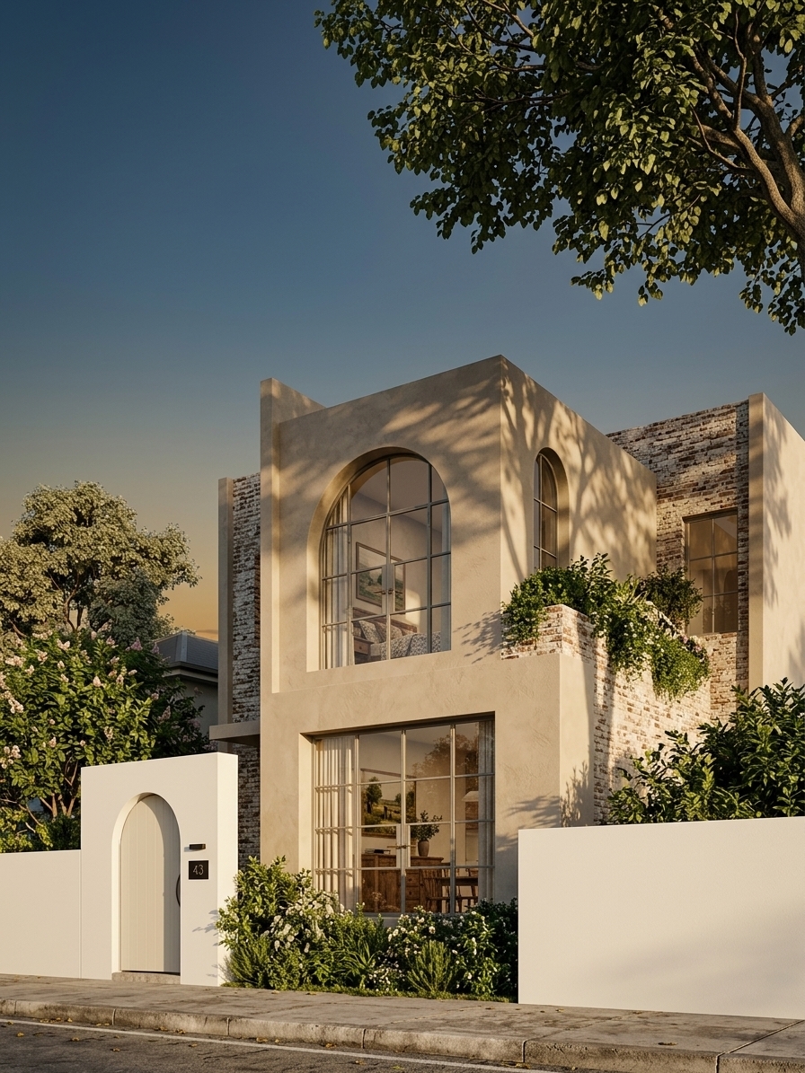 An incredibly lifelike, richly detailed, photorealistic low-angle architectural photograph of a two-story contemporary home infused with elegant French country charm, set in a quiet, picturesque suburban neighborhood. The scene is illuminated by the soft, golden light of a late afternoon sun, creating a cozy, warm, and romantic atmosphere. Captured with a 35mm tilt-shift lens, emphasizing the distressed plaster textures, weathered brick accents, and vibrant, lovingly-arranged green foliage.

The exterior of the residence beautifully marries modern architectural geometry with rustic, cottage-inspired elements. The facade features a prominent, double-height structure rendered in shades of warm neutral stucco with a subtle, hand-troweled texture reminiscent of provincial French estates. Accent walls are clad in weathered, earth-toned bricks, adding a tactile, distressed quality that feels both historic and inviting. A grand, sweeping arch frames the second-floor balcony, showcasing a deep-set window that looks into the home. 

Visible through the large arched glass doors is a glimpse of a carefully curated interior, echoing the elegance of a classic photography book. Lovingly arranged surfaces display vintage wooden and upholstered furniture in soft blues and warm yellows, while the interior walls are adorned with delicate pastoral wall art. Abundant indoor plants spill out onto the curved white balconies, softening the building's contemporary lines and enhancing the home's lived-in, romantic charm.

At the ground level, a clean-lined white boundary wall with a smooth, arched entryway frames a dark metal folding gate. A textured concrete panel next to the gate features a minimal black house sign marked "43." Lush, leafy green shrubs and ornamental grasses line the perimeter, framed by a mature tree in the foreground whose delicate leaves catch the soft breeze and cast dappled shadows across the clean street. The composition showcases a perfect harmony between elegant modernity and provincial warmth, inviting the viewer into a space of serene comfort.