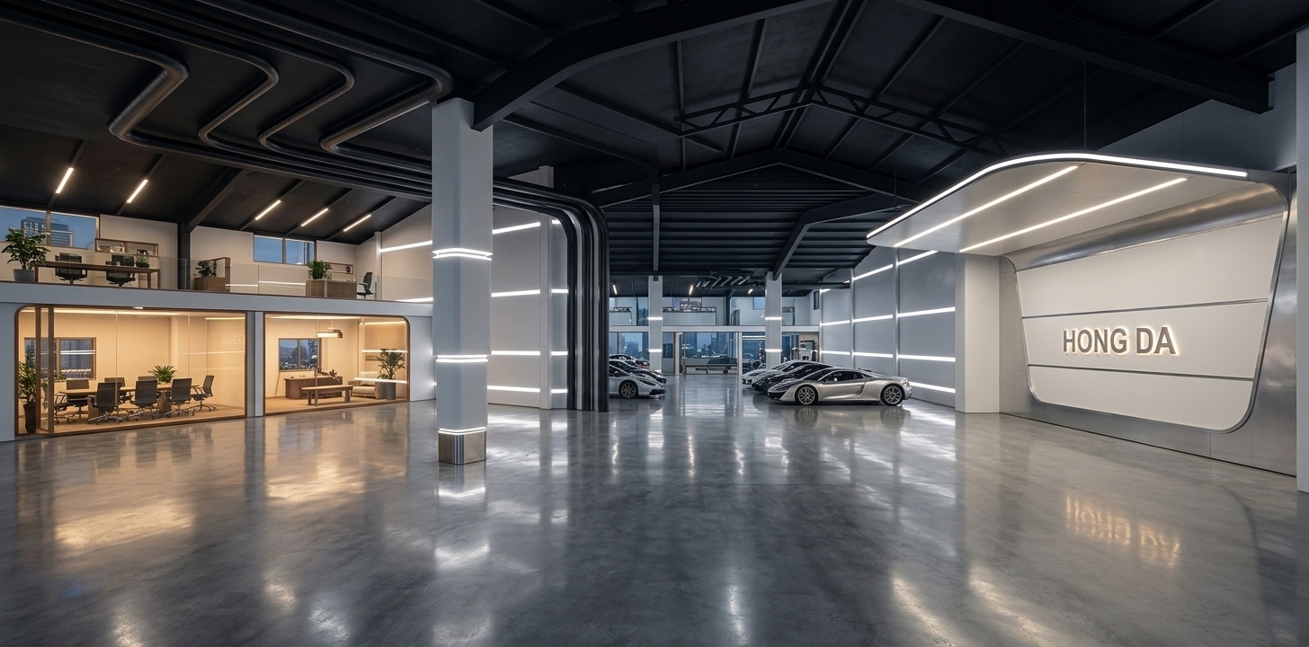 An incredibly lifelike, richly detailed, photorealistic wide-angle interior photograph of a retro-futuristic exhibition space set in a converted high-tech hangar. The scene is illuminated by sharp, integrated horizontal LED bands on the pristine white walls, glowing column rings, and warm ambient light spilling from the background office mezzanine, creating a sophisticated and cinematic atmosphere. Captured with a medium-format camera and a 24mm wide-angle lens, emphasizing the gleaming reflections on the polished concrete floor, the stark matte-black ceiling, and the aerodynamic contours of luxury supercars parked elegantly within the open gallery. In the background, the glowing office windows add depth and life to the minimalist space, while the prominent "HONG DA" feature wall under its curved, backlit canopy anchors the composition, showcasing a perfect blend of industrial scale and clean, futuristic luxury.