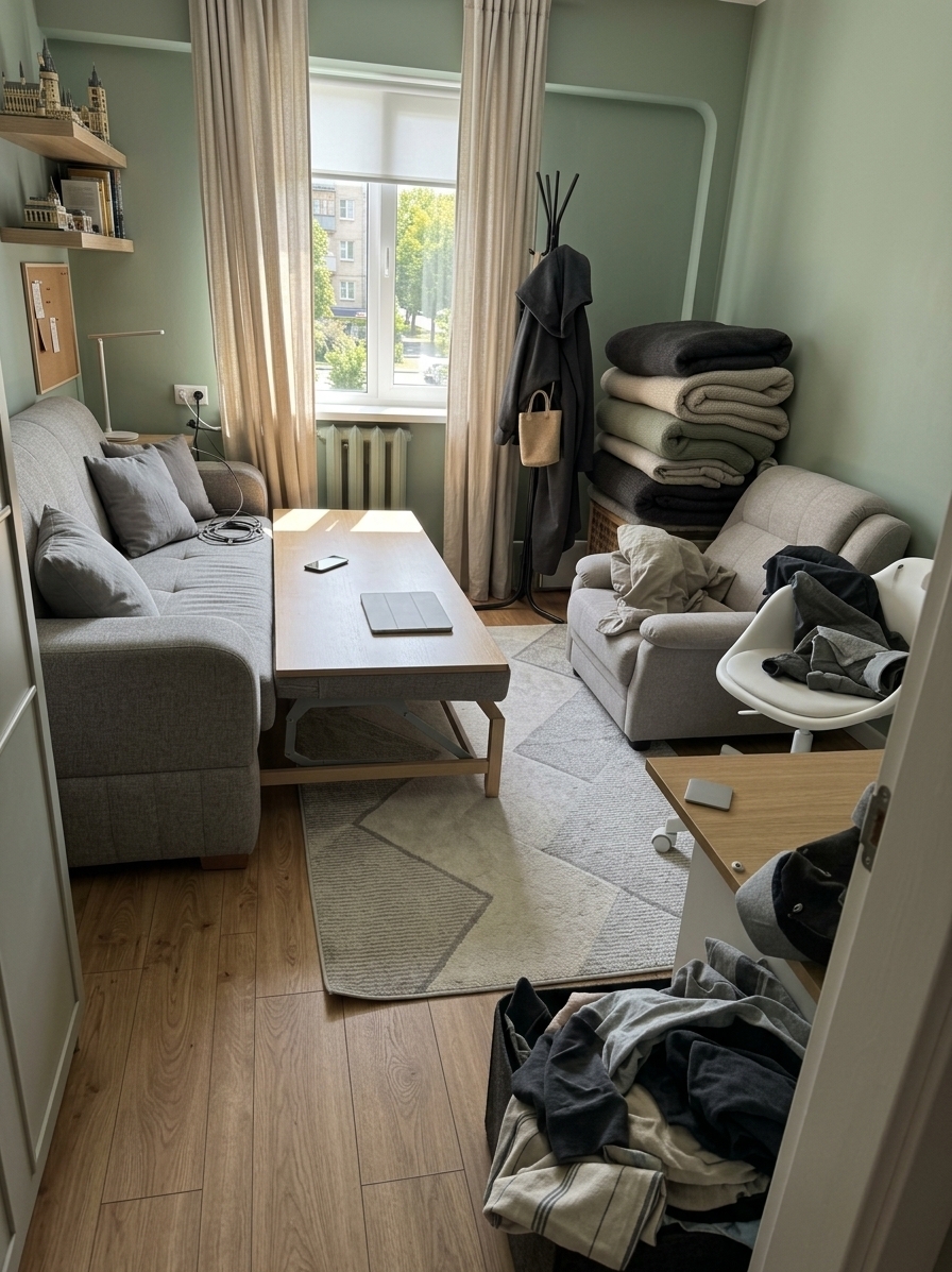 An incredibly lifelike, richly detailed, photorealistic wide-angle interior shot of a transformed, modern child's bedroom and study set in a bright 12-square-meter urban apartment. The scene is illuminated by soft, natural midday summer sunlight filtering through a clean window, creating a serene, focused "digital zen" atmosphere. Captured with a 24mm f/8 lens, emphasizing the smooth textures of matte sage-green painted walls, the warm grain of natural oak laminate flooring, and the clean lines of smart storage.

This redesigned room establishes a highly functional, zoned layout tailored for a growing 10-year-old. The primary focus is the dedicated study area, featuring a full-size 120×60 cm light wood desk paired with a white ergonomic, height-adjustable chair. A sleek, modern desk lamp sits on the left to cast perfect light for a right-handed user, accompanied by a corkboard for pins and a floating shelf directly above for textbooks. For rest, a full adult-size 90×200 cm bed with integrated under-bed drawers sits neatly against the wall, dressed in neutral, textured gray linens. The opposite corner is reimagined as a hobby and gaming zone, complete with a cozy charcoal beanbag chair for reading and a tall, minimalist open-grid shelving unit showcasing Lego models and books. The heavy traditional rugs and clutter have been completely replaced by a single, sleek geometric-patterned low-pile rug. Storage is maximized by a custom floor-to-ceiling wardrobe with seamless matte facades, while the window is dressed in a dual setup of a clean white roller blind and soft, neutral linen drapes, capturing a peaceful, organized sanctuary perfect for studying, relaxing, and growing.