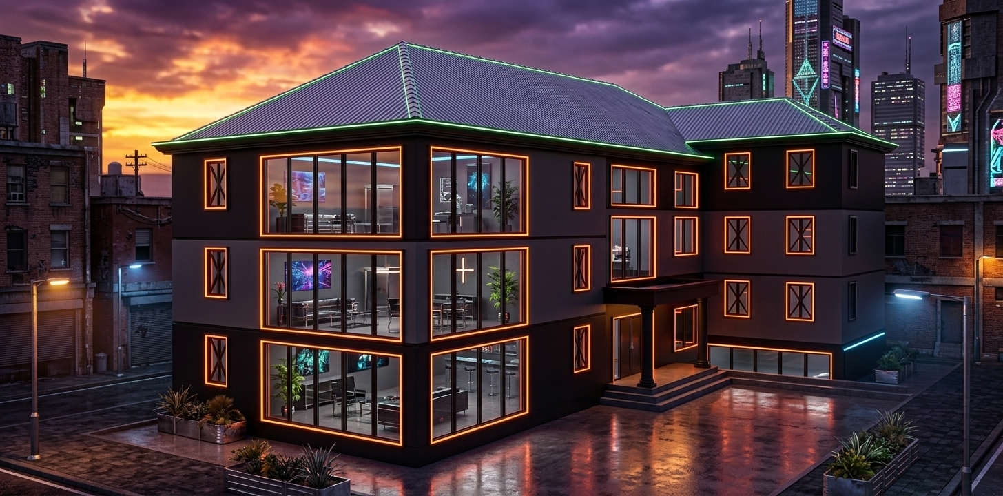 An incredibly lifelike, richly detailed, photorealistic wide-angle exterior architectural photo of a sleek three-story residence set in a gritty, high-tech urban environment during a warm summer evening. The scene is illuminated by a dramatic, fiery sunset throwing deep purple and gold across the sky, contrasted against vibrant, glowing neon-orange and blue accent lighting, creating a moody, futuristic, and cybernetic neon-noir atmosphere. Captured with a professional 24mm tilt-shift lens, emphasizing the sharp geometric lines, dark industrial textures, and crisp reflections on glass surfaces. The building's facade features minimalist surfaces finished in shades of matte black and charcoal gray, punctuated by massive floor-to-ceiling windows framed in glowing neon-orange light. Through the reflective glass, high-tech minimalist interiors are visible, displaying sleek metal and glass furniture, holographic wall art, subtle cyberpunk decor, and vibrant indoor plants. The corrugated metal roof is rendered in deep metallic gray, with thin neon-green LED strips tracing the sharp rooflines. The courtyard below is paved in polished, dark-stained concrete that shimmers with the wet-look reflections of the sunset and neon glow, presenting a scene worthy of a high-end architectural photography book.