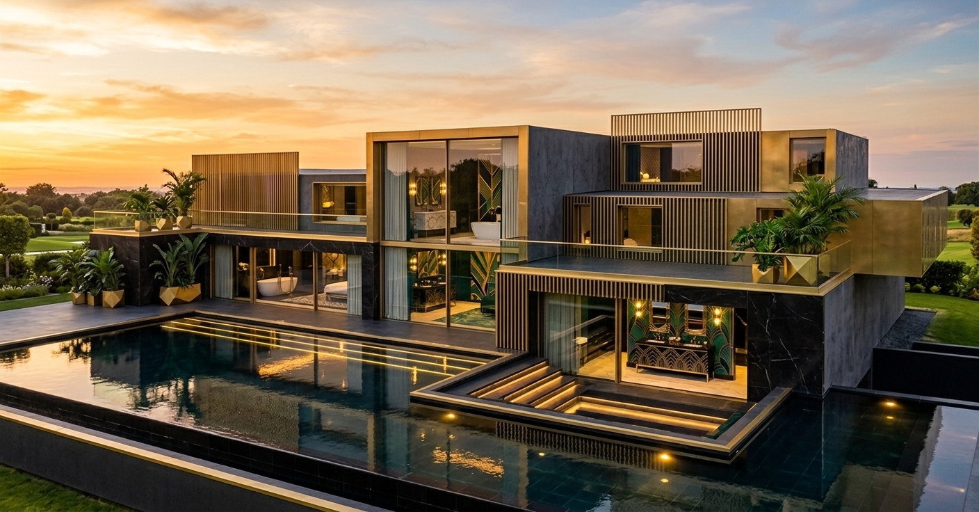 An incredibly lifelike, richly detailed, photorealistic wide-angle architectural photo of an ultra-luxurious Art Deco-inspired boutique hotel spa pavilion set in a manicured summer resort. The scene is illuminated by the dramatic, golden-amber glow of a summer sunset, creating an extravagant and glamorous atmosphere. Captured with a professional medium format camera and a sharp prime lens, emphasizing the rich black marble, gleaming gold accents, and deep jewel-toned reflections, this stunning design redefines modern luxury. 

The tiered, geometric structure of the pavilion is rendered in a sophisticated palette of polished black lacquer, charcoal concrete, and shimmering gilded bronze cladding. Symmetrical, streamlined brass screens—mimicking the fine vertical line work of the facade—filter the warm sunset rays, casting long, dramatic shadows across the terraces. In the foreground, the partially covered pool is lined with immaculate obsidian tiles, its dark, polished surface carrying golden reflections from the setting sun and recessed underwater LEDs. Large glass panes reveal glimpses of private, high-end guest suites, showcasing extravagant hotel bathroom fixtures, mirrored vanities, and bold graphic wall art in rich shades of emerald and sapphire. Lush, exotic indoor-outdoor plants sit in geometric gold planters along the terraces, enhancing the chic, opulent vibe of this exclusive summer retreat.