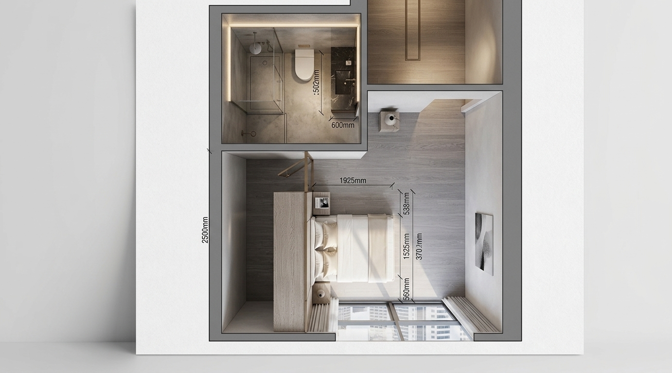 An incredibly lifelike, richly detailed, photorealistic top-down architectural floorplan photograph of a luxury studio suite set in a modern high-rise development. The scene is illuminated by a soft, light-filled wash of natural daylight from the lower window openings and a warm, ambient glow from recessed sculptural ceiling lighting, creating an elegant, balanced, and sophisticated atmosphere. Captured with a professional medium format camera and wide-angle tilt-shift lens, emphasizing the clean-lined geometry, exquisite textures, and harmonious spatial flow of the design. 

The bedroom area showcases a tailored upholstered bed styled in shades of warm white and pearl, accented by champagne pillows, adjacent to a slim-framed contemporary partition door. Polished, soft gray wood flooring runs consistently throughout, connecting the room seamlessly to an upscale bathroom featuring a vanity dressed in polished stone surfaces, a sleek modern toilet, and a glass-enclosed shower cabin. A photography book resting on a nightstand, subtle abstract wall art, slim metal accents on the thresholds, and curated minimalist decor complete this pristine environment of contemporary elegance.