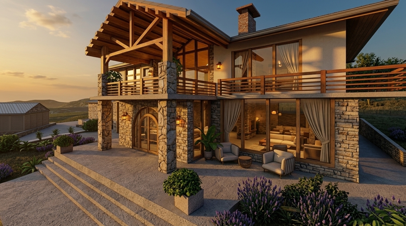 An incredibly lifelike, richly detailed, photorealistic wide-angle exterior photo of a luxurious two-story mountain escape villa set in a serene summer hillside terrace. The scene is illuminated by the soft, golden warmth of a late-afternoon sunset, creating a welcoming and tranquil atmosphere. Captured with a professional 24mm tilt-shift lens, emphasizing the rich, natural warm-toned timber framing, rafters, and wooden balustrades of the facade. Through the expansive floor-to-ceiling glass windows, soft, draped beige-colored linen curtains hang gracefully, framing cozy indoor spaces illuminated by a warm, inviting interior glow. Small, rustic-style lantern fixtures cast a cozy, localized warm light at the arched ground-floor stone entrance and on the main first-floor timber balcony. Surrounding the residence, the expansive concrete terrace and wide stairs showcase a distinct rough, tactile stone-grit texture that catches the long shadows of the setting sun, beautifully complemented by lush landscaping with vibrant purple lavender bushes and potted greenery flourishing in the summer air.