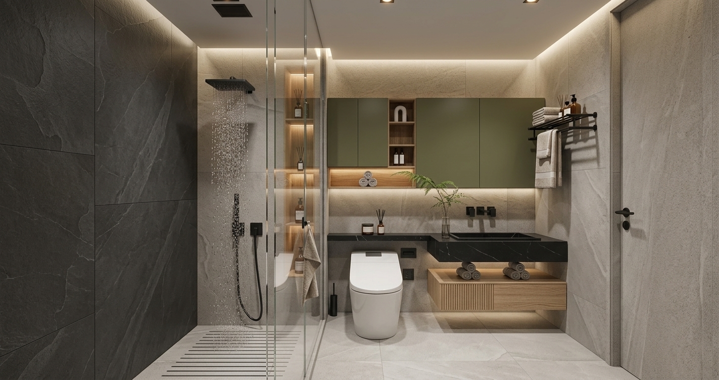 An incredibly lifelike, richly detailed, photorealistic straight-on interior photo of a minimalist haven bathroom set in a modern, luxury residence. The scene is illuminated by soft, concealed warm light and overhead recessed fixtures, creating a clean, serene, and deeply calming atmosphere. Captured with a professional 35mm lens, emphasizing the rich textures of the dark, honed slate wall tiles, light gray sandstone backing, and fine wood grains. 

The left side of the sanctuary features a walk-in shower encased in sleek frameless glass, showcasing a matte black shower head and linear drainage. In the center, a modern, streamlined toilet stands against the textured neutral wall, maintaining the room's clutter-free aesthetic. To the right, the floating vanity is a masterpiece of design, combining a black marble slab with an integrated sink and a fluted light-oak storage drawer. Above, asymmetrical matte green and natural wood cabinets house delicate sprigs of greenery and wellness products, culminating in a perfectly balanced, ultra-modern retreat.