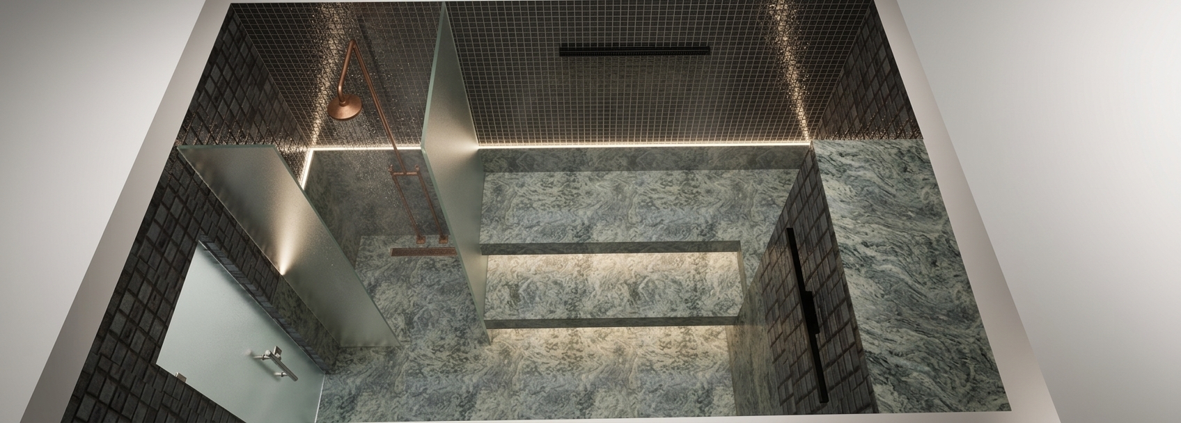 A high-angle interior architectural photograph of a modern sauna room, preserving the exact camera perspective, composition, and layout of the original image. The floor, tiered benches, and lower section of the walls are crafted from beautiful Jatobá quartzite, displaying its intricate grey-green marbled veining, polished surface textures, and faint wet reflections. The upper walls are lined with small, dark grid mosaic tiles featuring realistic grout lines and subtle specular highlights. The central divider and the entrance door on the left are rendered as translucent frosted glass with a fine, acid-etched texture that diffuses warm light beautifully. A brushed bronze shower fixture with a satin finish stands in the shower area, catching soft highlights. The space is illuminated by cozy, warm-toned ambient lighting, creating a relaxing, humid atmosphere with soft shadows, realistic material physics, tiny water droplets on surfaces, and a subtle warm mist in the air, captured with the crisp detail, natural depth of field, and gentle lens characteristics of a professional photograph.