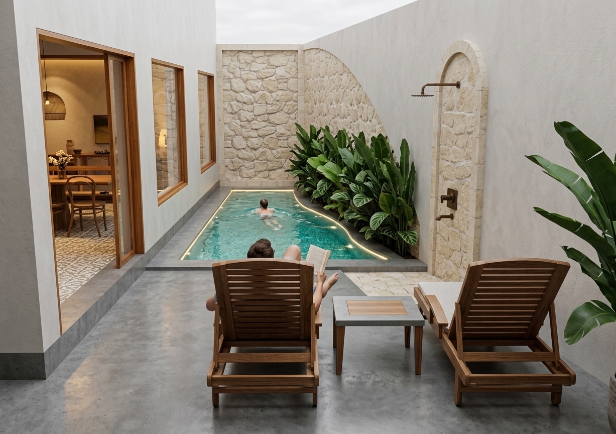 An incredibly lifelike, richly detailed, photorealistic architectural photo of a private outdoor pool courtyard set in a serene Mediterranean retreat. The scene is illuminated by a soft, realistic overcast daylight blended with warm, inviting evening ambient lights glowing from the interior and subtle underwater pool lighting, creating a peaceful, luxurious, and intimate atmosphere. Captured with a professional 24mm tilt-shift lens, emphasizing the smooth textures of the clean matte concrete, the rustic relief of the natural stone walls, and the organic grain of the polished wood furniture. 

In the foreground of this tranquil courtyard, two elegant wooden lounge chairs with matching side tables are positioned on the seamless gray concrete deck; a person is seen sitting back and relaxing comfortably on one of the loungers. Beyond them, a narrow, custom-shaped lap pool with crystal-clear, shimmering turquoise water takes center stage, where another guest gently swims, creating delicate ripples on the water’s surface. To the right of the pool, a vibrant planter bed is filled with dense, highly realistic Calathea plants with lush, broad green leaves. Adjacent to the foliage, a tall arched outdoor shower niche is finished with beautifully textured, natural light beige limestone. At the far end of the pool, a vertical statement wall is paneled with the same rustic natural stone, creating a stunning focal point. To the left, expansive glass windows with warm wood-trimmed frames peer into a softly lit interior dining area, beautifully bridging the gap between indoor luxury and this peaceful outdoor sanctuary.