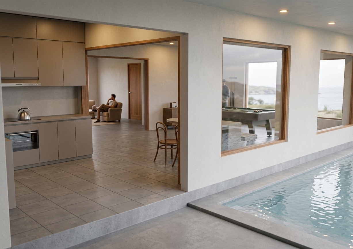 An incredibly lifelike, richly detailed, photorealistic wide-angle interior shot of a minimalist kitchen and adjacent lounge in a Mediterranean retreat, set in a tranquil coastal estate. The scene is illuminated by soft, overcast daytime light filtering through large windows, beautifully complemented by warm, golden light emanating from interior fixtures that creates a serene, cozy afternoon atmosphere. Captured with a professional 24mm f/2.8 lens, emphasizing the fine textures of clean matte plaster walls, smooth gray concrete floor tiles, and subtle natural stone details. 

Maintaining the exact layout and proportions of the original space, the left side features sleek, matte taupe cabinetry with integrated appliances, including a silver kettle resting on the cooktop. Through the wide, timber-framed doorway, a person sits in a relaxed pose on a warm, comfortable living room sofa chair placed near classic bentwood dining chairs. To the right, large, wood-framed picture windows offer a view into an adjacent recreation room featuring a sleek pool table, while showcasing a pristine, rippling swimming pool adjacent to the clean concrete outdoor deck, perfectly capturing the luxurious, laid-back essence of high-end Mediterranean architecture.