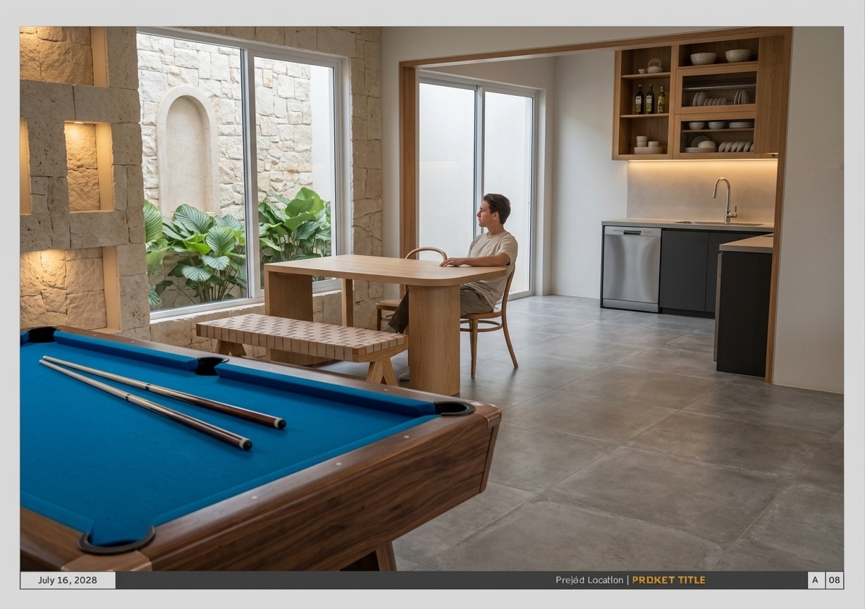 An incredibly lifelike, richly detailed, photorealistic interior photo of a spacious recreation and dining lounge set in a modern Mediterranean retreat. The scene is illuminated by soft, overcast afternoon light filtering through large glass windows, balanced by warm, glowing interior accent lights that create a serene and inviting atmosphere. Captured with a professional 35mm lens, emphasizing the tactile textures of rough, natural limestone wall cladding on the left and the smooth, clean matte-painted plaster walls. In the foreground, a billiard table with vibrant cerulean-blue felt and polished wooden cues sits as a focal point. Just beyond, a minimalist light-oak dining table is paired with a matching woven-strap bench and a curved wooden chair where a person sits in a relaxed, casual pose. Through the expansive window, realistic, lush green Calathea foliage is visible against an exterior stone wall featuring an arched niche. In the background, framed within a warm timber casing, a sleek kitchen corner features matte charcoal cabinetry, a stainless steel sink and dishwasher, and subtle task lighting, all resting on a seamless floor of large matte-grey concrete tiles.