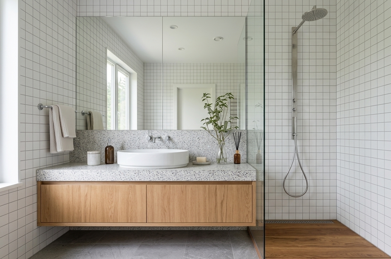 An incredibly lifelike, richly detailed, photorealistic mid-shot of a Scandinavian sanctuary hotel bathroom set in a serene summer retreat. The scene is illuminated by soft, diffused natural daylight streaming through a large side window, creating a tranquil, bright, and airy atmosphere. Captured with a professional 35mm lens, emphasizing the organic textures of warm wood grain, speckled terrazzo, and flawless white gridded wall tiles, the composition highlights a highly minimalist aesthetic. At the center, a floating wooden vanity crafted from light oak anchors the space, supporting a thick, speckled gray-and-white terrazzo countertop and a clean, circular ceramic vessel sink with modern, wall-mounted chrome fixtures. To the left, plush folded towels hang from a sleek metal rack, while subtle greenery in a simple glass vase adds a natural, organic touch alongside minimalist bath accessories. A large, frameless mirror sits flush against the wall, reflecting the opposite window and enhancing the room's sense of depth. To the right, a seamless glass partition separates a bright shower area, which features a luxury stainless-steel rain shower fixture, grid-patterned tiles, and a natural wood-plank floor slip, culminating in a highly refined, hygge-inspired washroom that epitomizes wellness and modern comfort.
