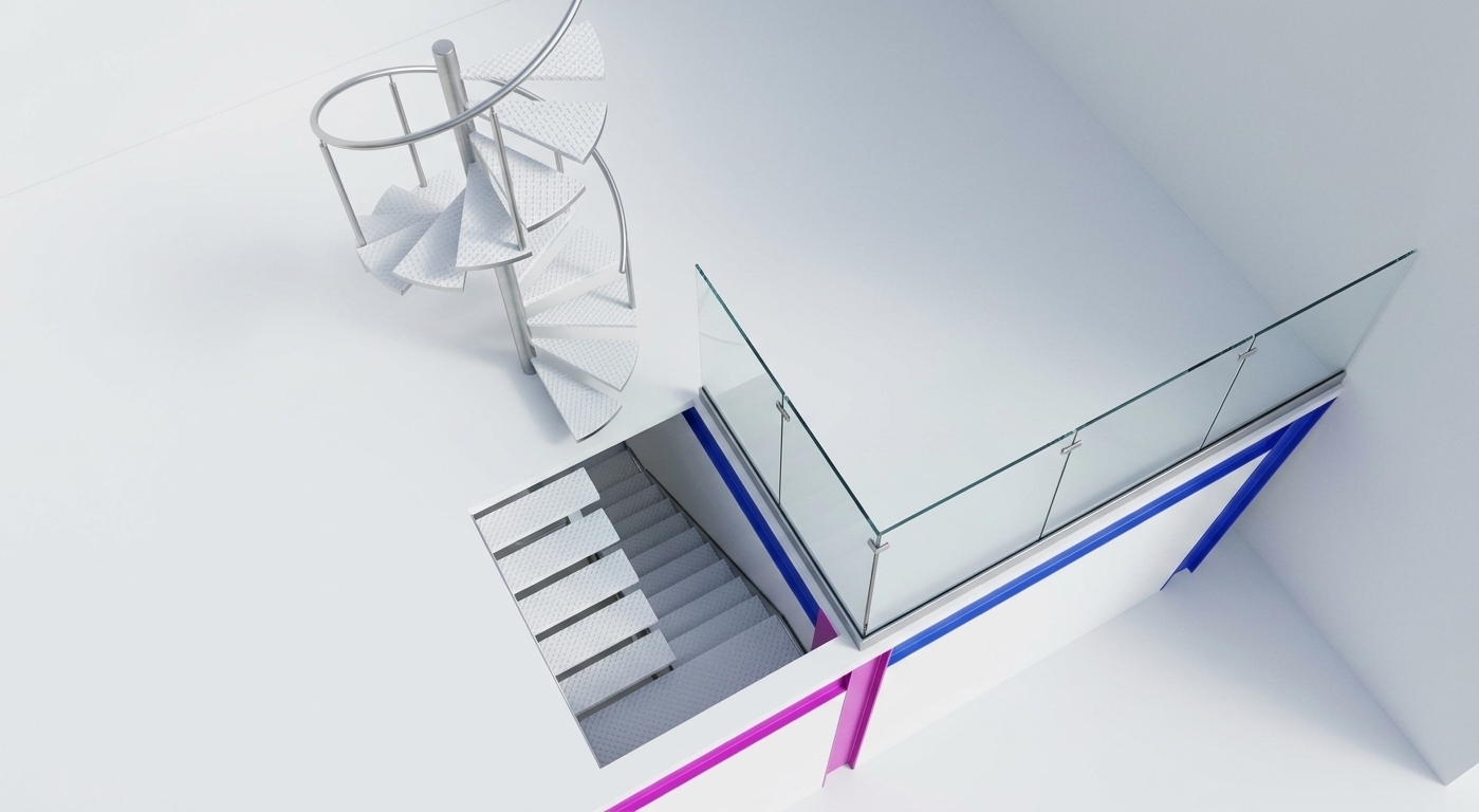 A crisp, high-angle architectural photograph of an interior mezzanine platform, captured under bright, diffused daylight that casts soft, realistic shadows and highlights the clean, modern structure. The treads of both the spiral and straight staircases are made of white-painted checkered metal plates, showing a clean matte white finish with subtle micro-scale shadow depth on the embossed diamond patterns. The supporting angular framing and central post are constructed of crisp steel, while the handrail elements feature a refined brushed stainless steel finish with a fine linear grain that catches subtle specular highlights. The platform floor and walls are rendered in a smooth, matte white paint with the natural, fine texture of drywall under bright studio lighting. Brightly colored magenta and deep blue accent bands line the lower edge of the platform, rendered as painted semi-gloss metal beams. The photograph is shot with a professional architectural camera, maintaining sharp focus from foreground to background, with ultra-realistic light interaction, soft ambient occlusion in the joints, and a pristine, clean environment.