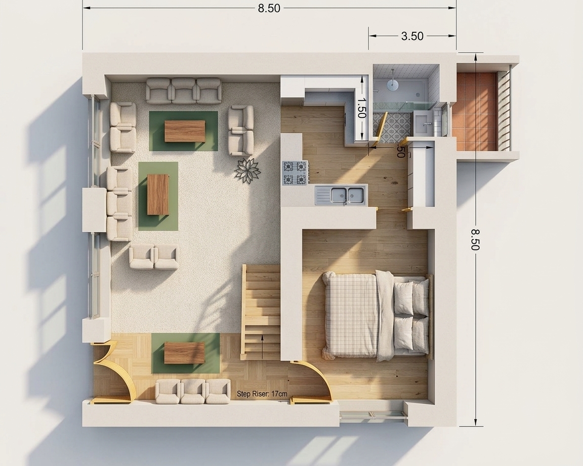 A high-end, top-down orthographic 3D architectural floor plan model photograph of a modern apartment, captured with crisp focus and soft, natural overhead daylight casting realistic shadows. The thick, solid structural walls are finished in a smooth, matte white painted plaster. The spacious living room and entrance foyer are lined with a plush, textured white carpet, featuring minimalist white fabric upholstered sofas arranged around elegant wooden coffee tables under the soft side-lighting from the left windows. In the kitchen area, clean, matte-white cabinets are installed alongside light ceramic tiled flooring and countertops with subtle grout lines. The staircase near the bottom entrance displays beautifully crafted steps with precise 17-centimeter risers. Realistic light-tone oak wood doors are shown open, matching the swing paths in the plan. The bedroom features a neatly made bed with realistic fabric creases, and the compact bathroom shows detailed tiles and fixtures. The entire scene is photographed with the clarity of a professional architectural rendering, showing subtle surface textures, dust-free satin finishes, and realistic direct and indirect lighting gradients.