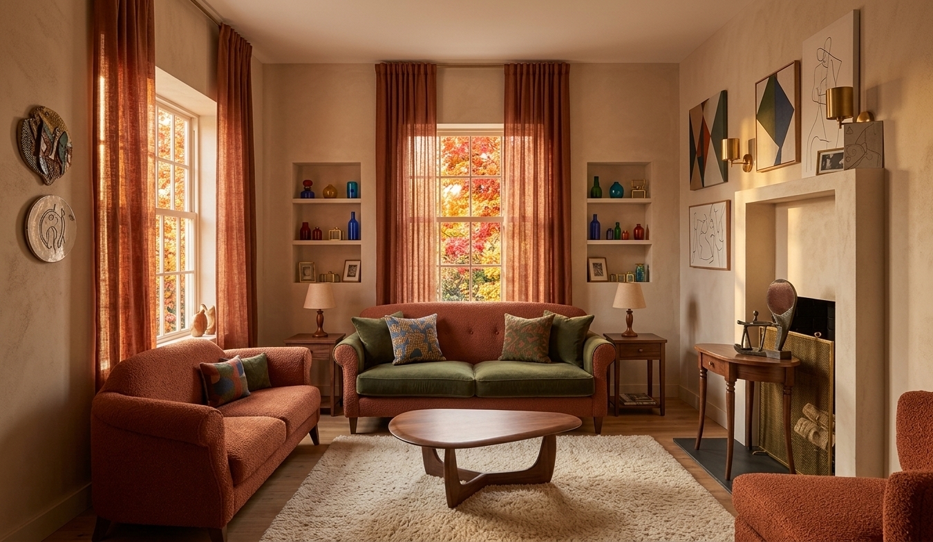 An incredibly lifelike, richly detailed, photorealistic wide-angle interior shot of a retro-futuristic living room featuring a sunken conversation pit and a curated art gallery wall set in a sophisticated mid-century modernist home. The scene is illuminated by the warm, golden glow of a low-angled autumn sunrise streaming through sheer, floor-to-ceiling curtains, creating a cozy, nostalgic, yet highly forward-looking atmosphere. Captured with a 24mm tilt-shift lens, emphasizing the rich tactile contrast of bouclé and velvet fabrics, the polished sheen of walnut wood grains, and the soft ambient glare on retro-minimalist artwork.

The centerpiece of the room is a sunken conversation pit, replacing the traditional seating configuration with a plush, integrated circular sofa upholstered in warm terracotta bouclé and deep moss-green velvet. A low-profile, organically shaped walnut coffee table rests in the center on a thick, cream-colored wool rug. Replacing the left window wall are dramatic, full-wall drapes in a rich, rust-toned linen that gracefully diffuse the brilliant dawn light. Along the soft sand-textured plaster walls, the former niches are replaced with an expansive salon-style art gallery displaying primary-colored geometric canvases, brass sculptural sconces, and minimalist line drawings. Outside the glass facade, the fiery red and gold foliage of autumn maples creates a stunning natural backdrop, harmonizing with the warm color palette inside and grounding this luxurious, retro-futuristic sanctuary in the peaceful serenity of a crisp fall morning.