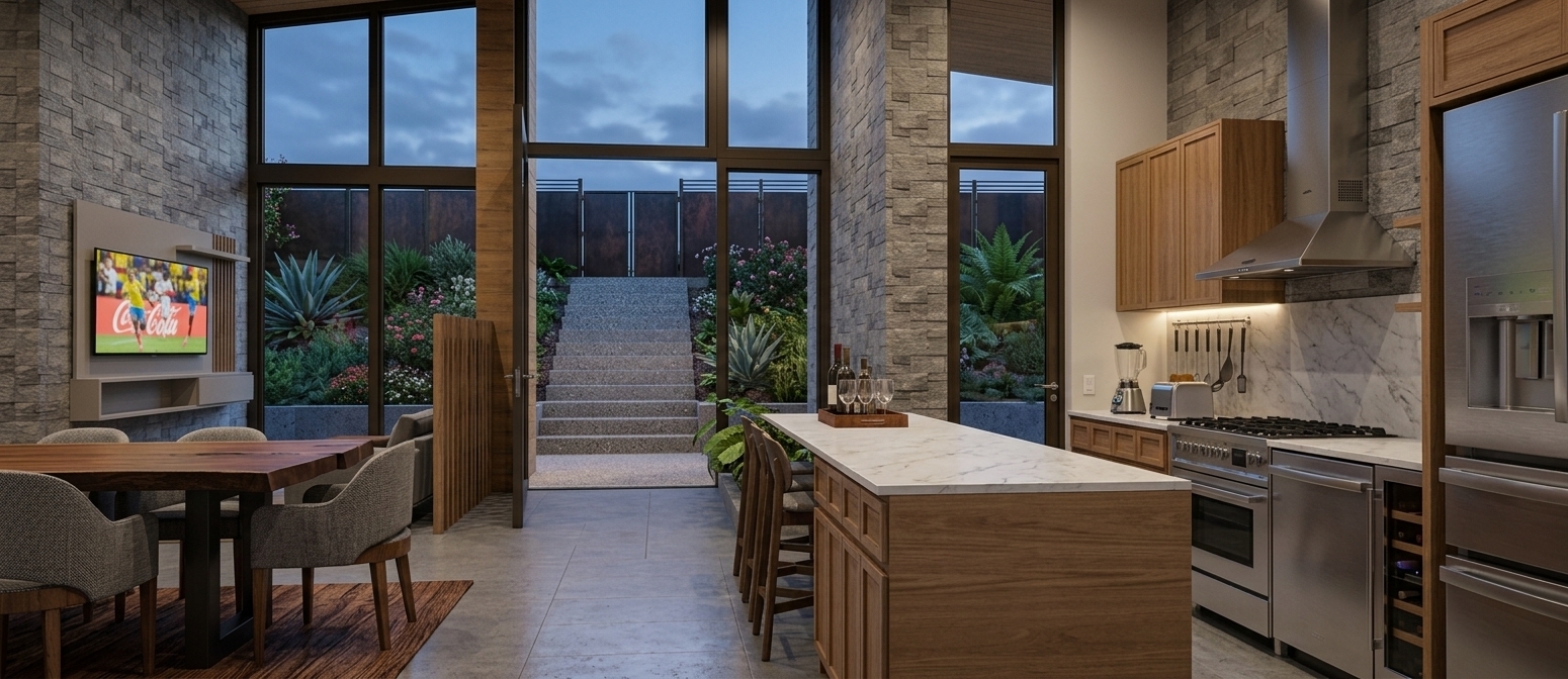 A professional architectural photograph capturing this modern open-concept kitchen and dining room during a warm, cozy twilight. The interior is bathed in the soft glow of warm under-cabinet lights, illuminating the textured grain of the wooden dining table and matching kitchen cabinetry. On the dining table, a complete, elegant setup of ceramic plates, sleek glassware, and polished silver cutlery is beautifully arranged. The kitchen boasts realistic brushed stainless steel on the range hood and refrigerator, accented by natural stone wall tiles with rich, tactile variations. In the background, visible through the large glass windows, the sloped exterior garden area is densely planted with lush green shrubs and vibrant vegetation along the fence, while a figure in natural motion is seen stepping down the concrete stairs. Within the kitchen area, the comfortable, warm presence of people socializing is captured with a gentle, soft-focus depth of field. Shot with a sharp 35mm lens, the image displays natural glass reflections, subtle lens bloom from the glowing TV screen showing a vibrant soccer match, realistic surface dust, and a very faint, natural vignette that grounds the realistic warmth and texture of the home.