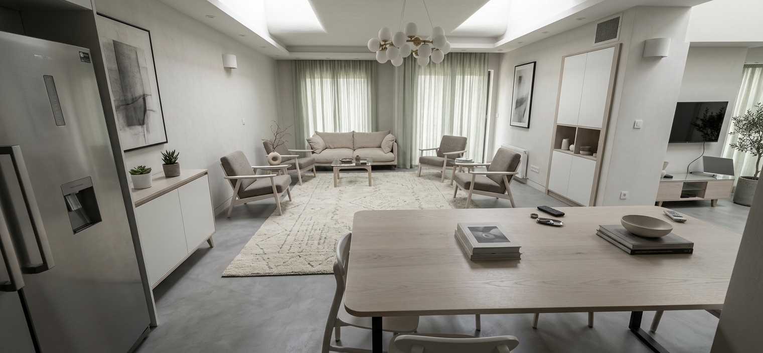 An incredibly lifelike, richly detailed, photorealistic wide-angle interior shot of a transformed minimalist haven living and dining space set in a open, airy attic apartment. The scene is illuminated by soft, diffused afternoon sunlight streaming through expansive skylights and sheer linen drapes, creating a serene, calm, and deeply tranquil atmosphere. Captured with a Hasselblad H6D-100c with a 24mm f/4 II lens, emphasizing the matte textures of seamless microcement floors, brushed oak timber, and organic linen textiles. 

In this reimagined layout, the traditional wooden furniture and patterned rugs are replaced by low-profile, zen-inspired furnishings in a monochromatic palette of crisp white, warm gray, and subtle pastel sage. A plush, low-slung linen sofa anchors the living area on a deeply textured wool rug, while a sleek, minimalist dining table crafted from light white ash wood with slender matte black steel legs dominates the foreground. The surfaces are meticulously clutter-free, elegantly displaying only a heavy-paper photography book and a handmade ceramic vase holding a single dried branch. Large-scale abstract wall art in neutral charcoal tones hangs balance-locked on the far wall, complemented by an architectural potted olive tree in a raw concrete planter that grounds this masterfully balanced, clean, and modern sanctuary.