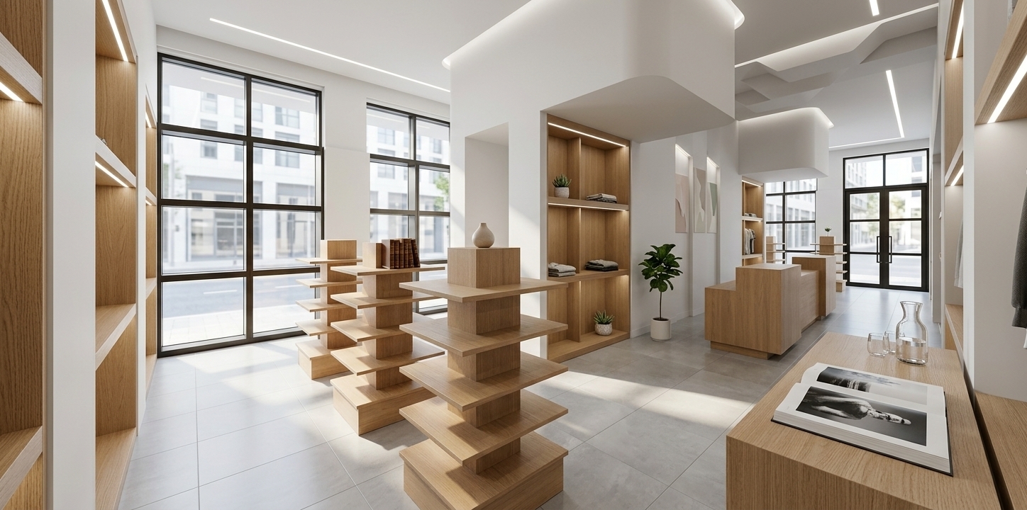 An incredibly lifelike, richly detailed, photorealistic wide-angle interior photo of a minimalist haven clothing store set in a modern, high-end commercial district during summer. The scene is illuminated by bright, direct midday sunlight filtering through high clerestory windows and large glass doors, creating a serene, functional, and deeply peaceful atmosphere. Captured with a professional 24mm architectural lens, emphasizing the fine grain of the light oak wooden shelving, the smooth matte finish of the seamless white walls, and the subtle reflective sheen of the large-format light gray floor tiles. 

This streamlined boutique features elegant, Zen-inspired furnishings, including tiered wooden display towers and clutter-free minimalist counters. Adorning the clean surfaces is a carefully curated selection of minimal decor, consisting of an open photography book on a sleek counter, abstract wall art in soft, subtle pastels, and delicate indoor potted plants that inject vibrant green life into the monochromatic palette of white, gray, and warm timber.