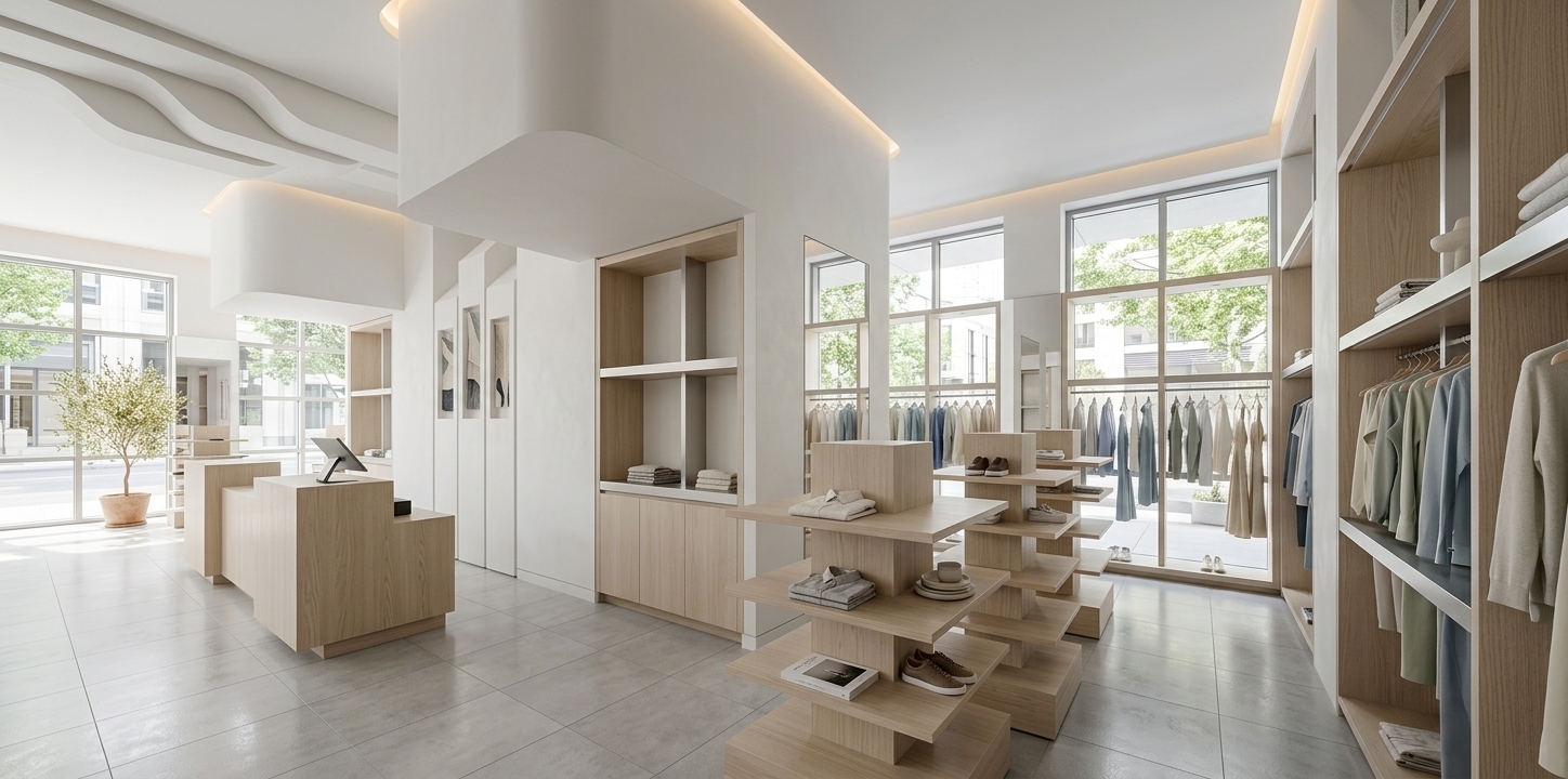 An incredibly lifelike, richly detailed, photorealistic wide-angle interior photo of a minimalist luxury clothing store set in a serene, modern downtown space. The scene is illuminated by bright, diffused midday summer daylight streaming through expansive floor-to-ceiling windows, creating an airy, serene atmosphere. Captured with a professional architectural camera and a 24mm tilt-shift lens, emphasizing the fine, natural grain of the light ash wood display fixtures, the smooth matte plaster columns, and the soft glossy reflections on the light gray tiled floor. 

Designed as a minimalist retail haven, the space features beautifully organized, clutter-free surfaces and streamlined wooden furnishings, including a series of elegant tiered island display stands and matching built-in wall shelving. The clean architectural design is defined by soft, rounded white overhead bulkheads and geometric columns that divide the room. Touches of sophisticated styling elevate the serene aesthetic, including a curated photography book resting on a shelf, subtle abstract wall art peeking from recessed niches, and sleek metal details. The palette is carefully refined to shades of white, warm gray, and subtle pastel wood tones, punctuated by a delicate indoor plant bathed in sunlight near the glass frontage, offering a perfect Zen-inspired shopping experience.