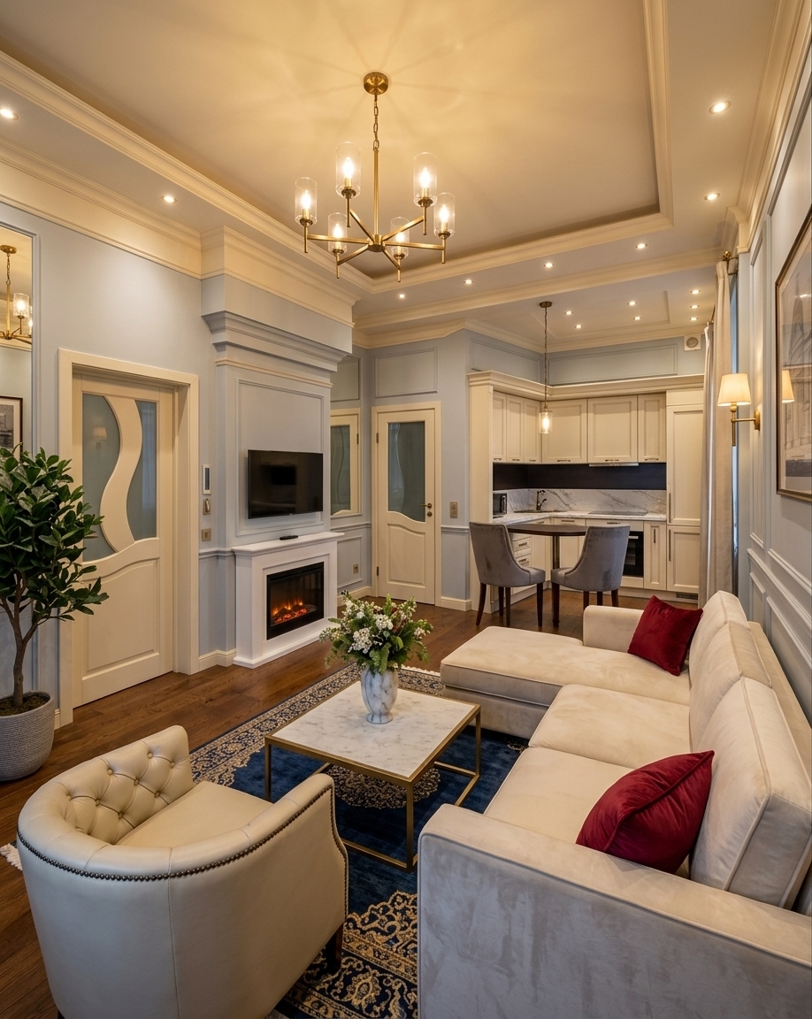 An incredibly lifelike, richly detailed, photorealistic wide-angle interior shot of a luxurious hotel suite living area set in a high-end boutique hotel. The scene is illuminated by the warm, golden glow of a central brass branch chandelier and delicate recessed ceiling spotlights, creating a cozy and sophisticated atmosphere. Captured with a professional 24mm lens, emphasizing the velvety texture of the plush cream upholstery, the polished marble accent surfaces, and the deep, rich grain of the dark oak flooring. 

In this space of contemporary elegance, a plush cream L-shaped sectional couch adorned with deep crimson velvet pillows faces a matching tufted armchair with delicate stud detailing. Under the mounted flat-screen television, a sophisticated, modern electric fireplace with a crisp white mantle has been seamlessly integrated into the pale blue and cream paneled wall, casting a gentle, ambient flicker across the room. A square, white marble coffee table framed in gold brass sits at the center, resting on a beautifully patterned traditional blue-and-gold area rug. Through the elegant classic interior doors with curved glass panels, a glimpse of a compact, high-end kitchenette with cream-colored cabinetry and a small dining nook with gray velvet chairs can be seen, completing this picture of refined urban luxury.