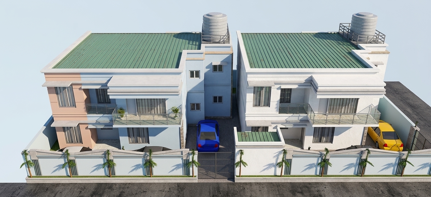 An aerial architectural photograph of a pair of modern semi-detached houses under crisp, natural midday daylight, preserving the exact building structure, composition, and elevated high-angle perspective. The building facades are finished in highly detailed white, pale blue, and soft peach concrete stucco with realistic plaster micro-textures and subtle paint imperfections. The green roofs feature detailed, realistic corrugated sheet metal roofing with subtle weathering, while the cylindrical white water tanks on top show realistic molded plastic textures under the bright sun. Clean glass panels on the metal-framed balconies have subtle, natural reflections and realistic refraction. The driveway is paved with textured gray concrete showing realistic fine aggregate and gentle wear. The cars—including the blue sedan in the center, the yellow hatchback in the back, and the dark sedan in the front—are rendered with high-gloss automotive paint, realistic metallic reflections, rubber tires, and glass. The perimeter wall features realistic, textured natural stone masonry at the base and painted green panels. The entire scene is washed in bright, direct sunlight, casting sharp, realistically defined shadows on the concrete, captured with a professional wide-angle lens for exceptional clarity, natural color fidelity, and a lifelike photographic finish.
