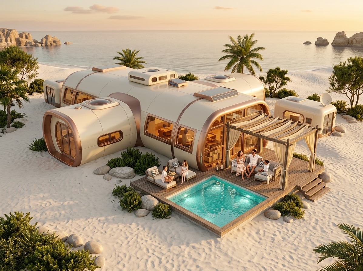 An incredibly lifelike, richly detailed, photorealistic elevated architectural shot of a retro-futuristic beachside villa set in a pristine, sandy coastal cove during golden hour. The scene is illuminated by the warm, glowing amber light of a setting sun, creating a serene and luxurious resort-like atmosphere. Captured with a professional medium-format camera and a wide-angle lens, emphasizing the contrast between the villa's smooth copper and cream metallic curves, the rustic wood of the pergola, and the organic textures of sand and water. 

The modular, curved pod-like hulls of the retro-futuristic villa are beautifully nestled into the soft white beach sand, entirely cleared of snow and ice. Where the arctic landscape once was, a sparkling turquoise plunge pool now shimmers enticingly next to the main wooden deck. An elegant timber pergola draped in light fabric shades a family laughing and relaxing in a contemporary outdoor lounge area. Smooth coastal stones, pockets of lush green shrubs, and swaying coastal trees frame the estate, while all industrial antennas, dishes, and tracked machinery have been replaced by a clean, minimalist design that seamlessly connects high-tech living with natural seaside beauty.