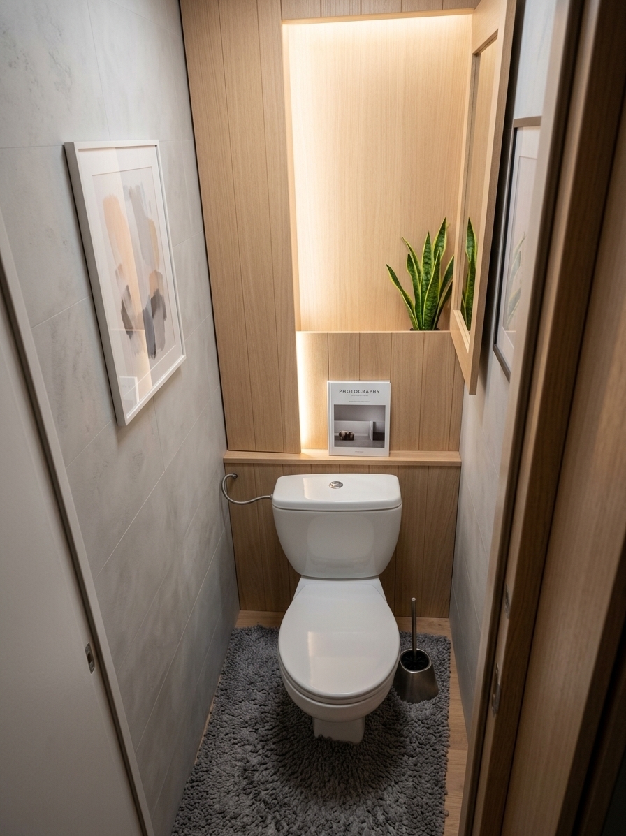 An incredibly lifelike, richly detailed, photorealistic medium shot of a reimagined minimalist toilet room set in a sophisticated modern residence. The scene is illuminated by soft, concealed warm LED backlighting and diffuse overhead lighting, creating a serene, zen-inspired atmosphere. Captured with a professional 24mm wide-angle lens at f/4, emphasizing the matte texture of seamless microcement walls, warm light oak paneling, and the ultra-clean, streamlined fixtures.

This minimalist haven thoughtfully transforms the cramped space into a functional and elegant sanctuary. The messy pipe recess is completely concealed behind a sleek, flush-integrated partition of light blonde oak wood. Replacing the outdated fixture is a wall-hung, soft-close ceramic toilet in a clean, matte white finish, which visually expands the floor space. The walls are finished in a smooth, light gray microcement, creating a monochromatic base accented by subtle pastel undertones. Floating above the toilet, a narrow wooden ledge displays a curated photography book alongside a singular, vibrant green snake plant, injecting natural life into the design. To complete the sophisticated aesthetic, a framed piece of minimalist abstract wall art with muted pastel strokes hangs opposite, harmoniously balancing the proportion, scale, and tranquil flow of the room.