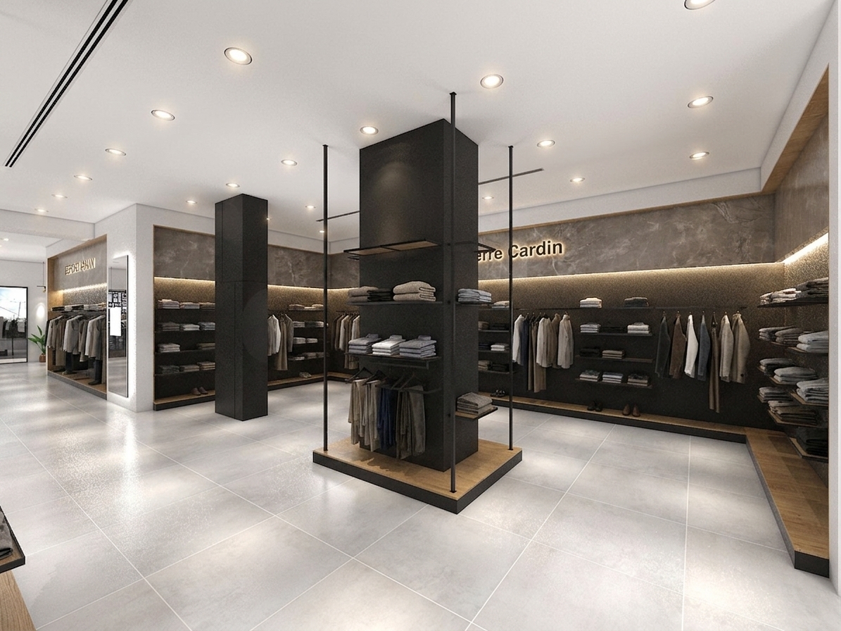 A professional architectural photograph of a high-end luxury boutique showroom, retaining the exact spatial layout, perspective, materials, and composition of the original structure. The recessed overhead spotlights are brightly illuminated, casting soft, natural cones of warm-white light that create beautiful, diffused highlights on the light grey concrete-tiled floor. The brand logos on the walls, including Pierre Cardin, are illuminated with a clean, elegant backlight, making them pop softly against the textured stone panels. All of the empty shelves and dark steel clothing rails are now tastefully filled with beautifully organized luxury clothing, featuring folded knitwear, shirts, and trousers on the shelves, and premium hanging garments on the clothing rails, displaying realistic fabric textures, natural folds, and organic shapes. The warm LED light strips under the shelving units are glowing, washing the dark, textured walls with subtle warmth. The entire space is captured with a sharp wide-angle lens, showing realistic micro-textures on the matte dark pillars and concrete flooring, resulting in a cohesive, balanced, and perfectly lit commercial photograph.