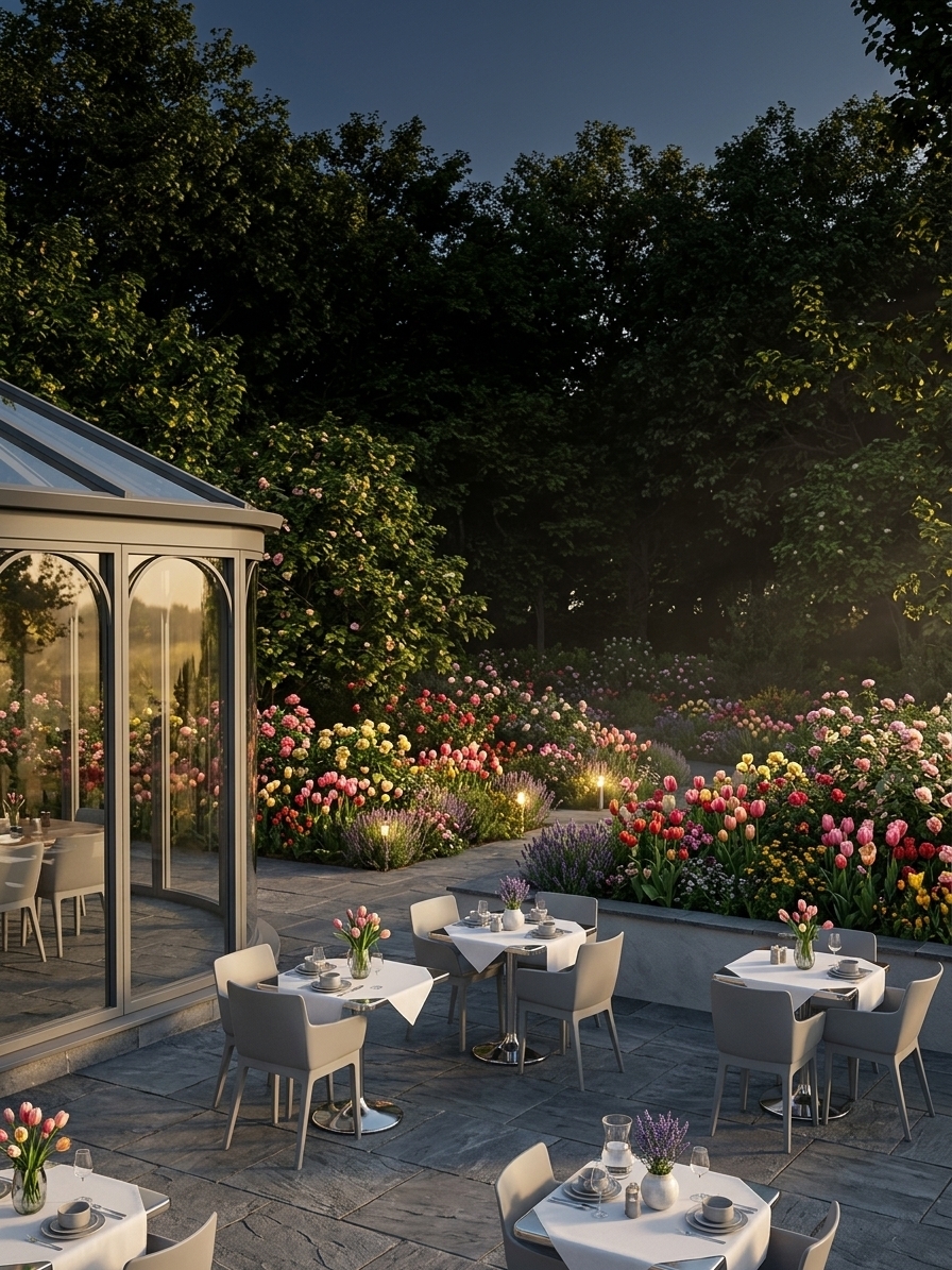 An incredibly lifelike, richly detailed, photorealistic wide-angle landscape shot of an outdoor patio terrace belonging to a sleek, modern cafe, set in a sprawling, fresh flower garden bursting with vibrant tulips, roses, and lavender. The scene is illuminated by the soft, warm golden light of a late afternoon sun filtering through the lush greenery, creating a serene, sophisticated, and slightly dreamlike atmosphere. Captured with a high-end medium format camera and a sharp 24mm lens, emphasizing the rich textures of the slate-grey paved terrace, the delicate, dewy petals of the surrounding fresh blooms, the polished chrome and matte grey finishes of the retro-futuristic outdoor cafe furniture, and the clean reflections on the cafe's large, curved glass panels.
