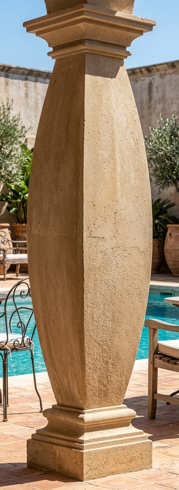 An incredibly lifelike, richly detailed, photorealistic architectural photo of a beautifully sculpted stone baluster pillar set in a luxurious outdoor pool area of a Mediterranean retreat. The scene is illuminated by the brilliant, high-overhead sun of a summer midday, creating a relaxed, sun-drenched, and inviting coastal atmosphere with crisp, sharp shadows that accentuate the column's unique swollen profile and sharp vertical ridge. Captured with a professional medium-format camera, emphasizing the sandy texture and aged patina of the warm, neutral-toned stone, the shot frames this classic architectural element against a vibrant backdrop of shimmering blue pool water, rustic terracotta tiled flooring, and weathered plaster walls. Nearby, elegant wrought iron and rustic wooden furniture are arranged amidst large terracotta pots filled with lush green indoor plants and olive trees, evoking a timeless, warm, and earthy Mediterranean lifestyle perfect for a high-end photography book.