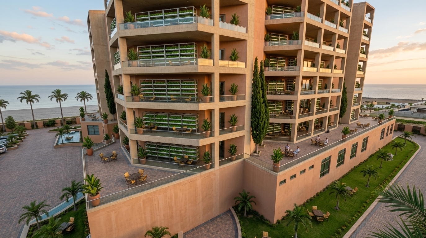 An incredibly lifelike, richly detailed, photorealistic high-angle wide-perspective shot of a grand Mediterranean-inspired eco-retreat set in a lush, sun-drenched coastal valley. The scene is illuminated by the soft, golden-orange glow of a late afternoon sun, creating a relaxed, warm, and inviting atmosphere. Captured with a professional wide-angle architectural lens, emphasizing the earthy, textured beige concrete surfaces, the vibrant green of indoor vertical hydroponic farms, and the casual, rustic details of outdoor seating areas. This architectural masterpiece seamlessly blends sustainable vertical farming with casual coastal living across multiple open tiers, finished in warm neutrals and soft terracotta tones. Each balcony is a miniature oasis featuring orderly rows of indoor hydroponic crops, tall potted cypress trees, and lush greenery that bring an organic, agrarian warmth to the structure. Surrounding the base, meticulously paved plazas, manicured grassy terraces, and cozy seating groups with wrought iron and yellow rustic furniture create casual coastal nooks, under-dropped by a tranquil sky of faint blues and pastel clouds ideal for a premium Mediterranean photography book.