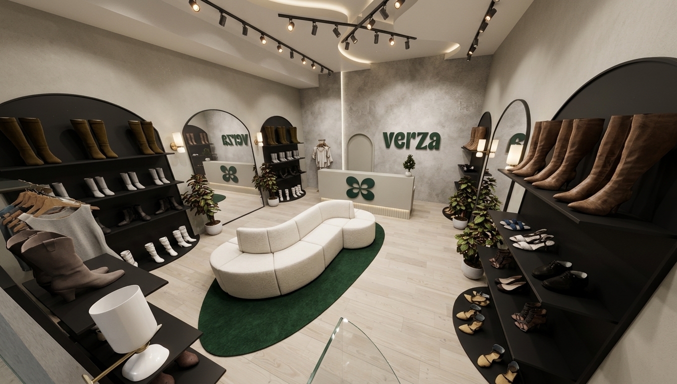 This high-angle interior photograph of a modern luxury boutique is captured with a professional wide-angle lens, showcasing the exact layout and design under warm, atmospheric lighting. Glowing recessed LED light strips are integrated along the ceiling's architectural curves, casting a soft, diffuse light down onto the space, while directional track lights create subtle highlights and realistic soft shadows. The potted indoor plants feature lush, detailed green leaves with natural variations, delicate veins, and a soft texture that catches the light. At the center of the showroom, the curved sectional sofa is upholstered in an off-white bouclé fabric with a visible, tactile weave, resting on a deep emerald-green low-pile wool rug with subtle nap reflections. The flooring consists of light ash wood planks with realistic grain, fine joints, and a soft satin finish. Against the textured, light-gray plaster back wall, the dimensional dark green brand lettering is crisp, casting slight, realistic shadows. Arched display alcoves and matte-black shelving house meticulously detailed leather and suede boots, which display natural creases, material grain, and realistic stitching. The camera's perspective from above is clean and sharp, with a gentle depth of field, subtle lens vignetting at the corners, and natural ambient occlusion that brings depth and high-end realism to the entire boutique.