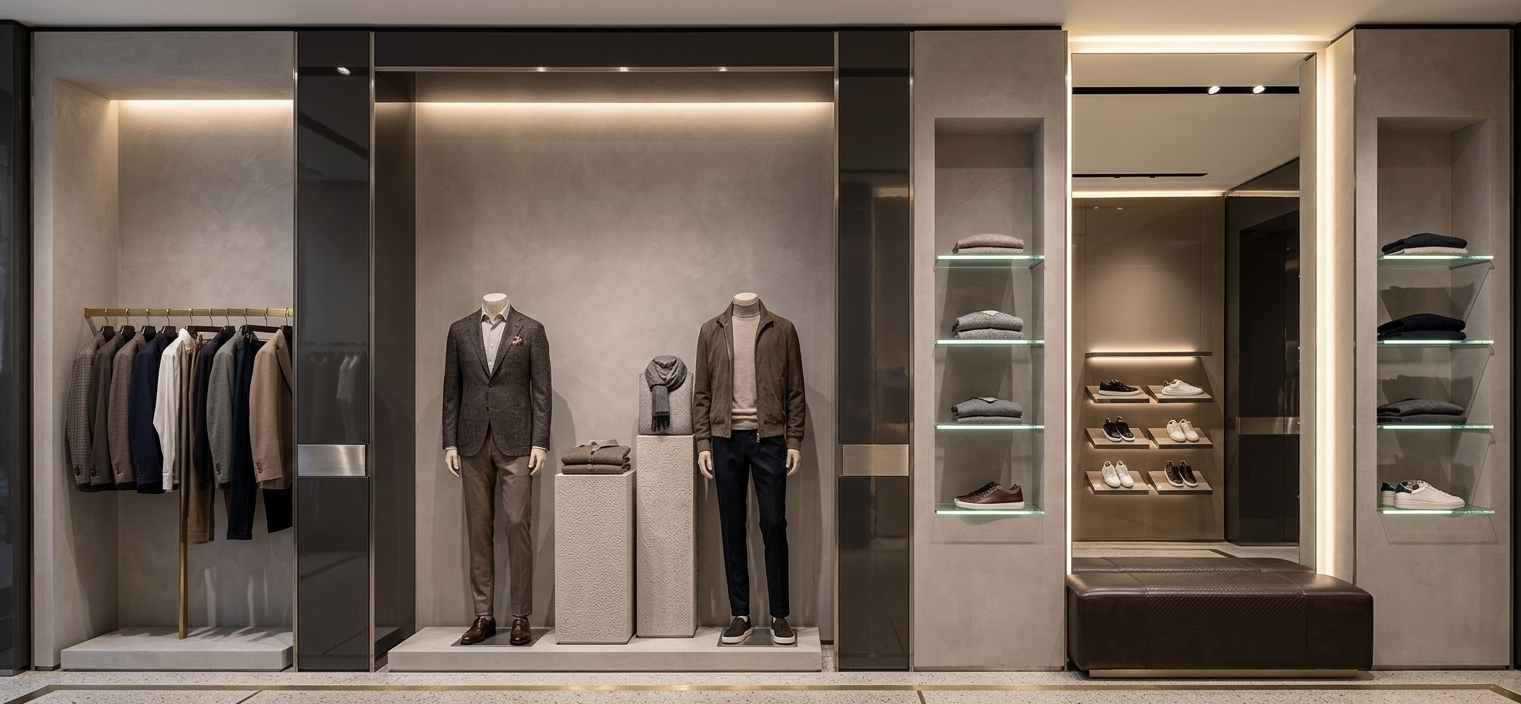 An incredibly lifelike, richly detailed, photorealistic interior wide-angle shot of a luxurious young men’s boutique showcasing a custom 9.45-meter-wide by 3.35-meter-high linear wall set in a high-end urban retail environment. The scene is illuminated by warm 3000K LED strip lighting concealed within shadow gaps and behind a massive, floor-to-ceiling frameless mirror, creating a sophisticated, intimate, and masculine atmosphere with an undercurrent of modern Art Deco glamour. Captured with a medium-format camera and a 24mm tilt-shift architectural lens, the image emphasizes the refined contrast between matte-finished pearl gray plasterboard niches and pristine, high-gloss charcoal and warm taupe lacquered panels. The wall's layout is meticulously balanced: on the left, elegant 1.45-meter hanging zones with brushed brass rails give way to slim 0.3-meter modular high-gloss separators, leading into a magnificent 3.45-meter zone featuring chic mannequin plinths. The complementary side of the showroom displays a plasterboard-clad wall with recessed niches and cantilevered shelves for fine knitwear, juxtaposed with angled shoe plinths showcasing premium sneakers. This architectural composition is completed by polished stainless steel accents, glass shelves with glowing edge-lights, and a luxurious leather customer bench sitting beneath the focal backlit mirror, portraying a highly curated, ultra-premium retail experience.
