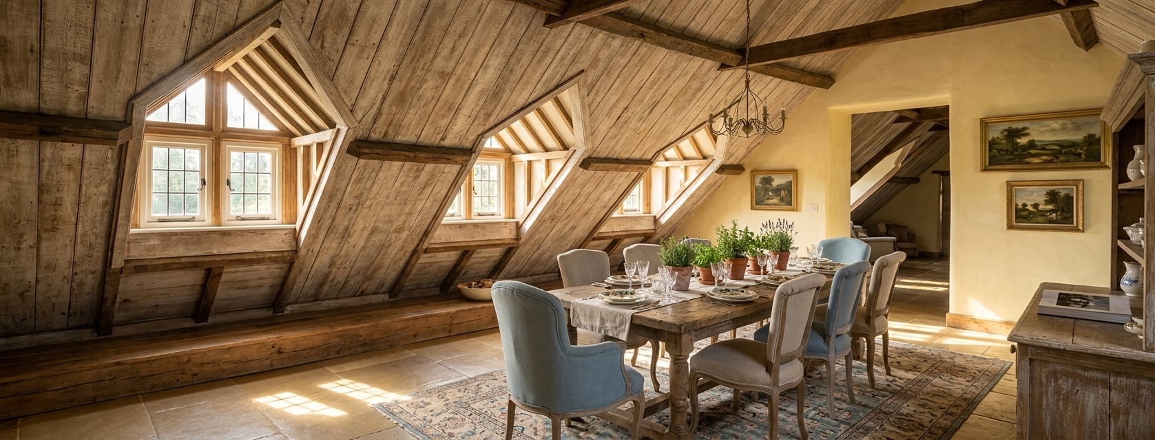 An incredibly lifelike, richly detailed, photorealistic wide-angle interior shot of a sun-drenched attic dining room under a distinctive sloped roof with charming gabled dormers set in a French provincial countryside cottage. The scene is illuminated by bright, golden midday summer sunlight streaming through the multi-tiered dormer windows, creating a cozy, warm, and romantic atmosphere. Captured with a professional 35mm tilting architectural lens, emphasizing the texture of weathered wooden beams and the elegant, distressed finishes of the decor. Below the pitching sloped ceiling, a rustic vintage wooden dining table is surrounded by plush upholstered chairs in shades of soft blue and warm neutrals. Lovingly arranged surfaces display a collection of French-inspired decor, a beautifully bound photography book, and vibrant indoor plants, while pastoral wall art adorns the soft yellow plaster walls, evoking a timeless cottage charm.