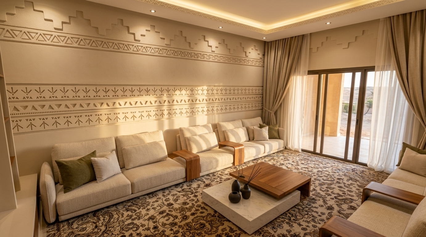 An incredibly lifelike, richly detailed, photorealistic wide-angle interior photo of a luxurious living room set in a serene desert retreat. The scene is illuminated by warm, golden-hour sunlight filtering through sheer curtains and soft, integrated cove lighting, creating a tranquil, warm, and inviting atmosphere. Captured with a professional 24mm tilt-shift architectural lens, emphasizing the intricate textures of the carved plaster feature wall and the rich fibers of the ornate patterned carpet. Low-slung, cream-toned modular sofas line the perimeter of the room, accented by plush throw pillows in muted olive and off-white, and partitioned by integrated polished wood armrest tables. In the center of the space, a modern multi-tiered coffee table seamlessly combines a white marble slab with a warm timber top, showcasing minimalist dark ceramic accent vases. The main wall is a masterpiece of traditional Najdi architectural design, featuring relief-carved geometric patterns and stepped battlements highlighted by soft, overhead spotlights. Expansive sliding glass doors, framed by heavy sand-colored linen drapes and sheer white curtains, open to details of the desert sun outside, completing this elegant sanctuary of relaxation.