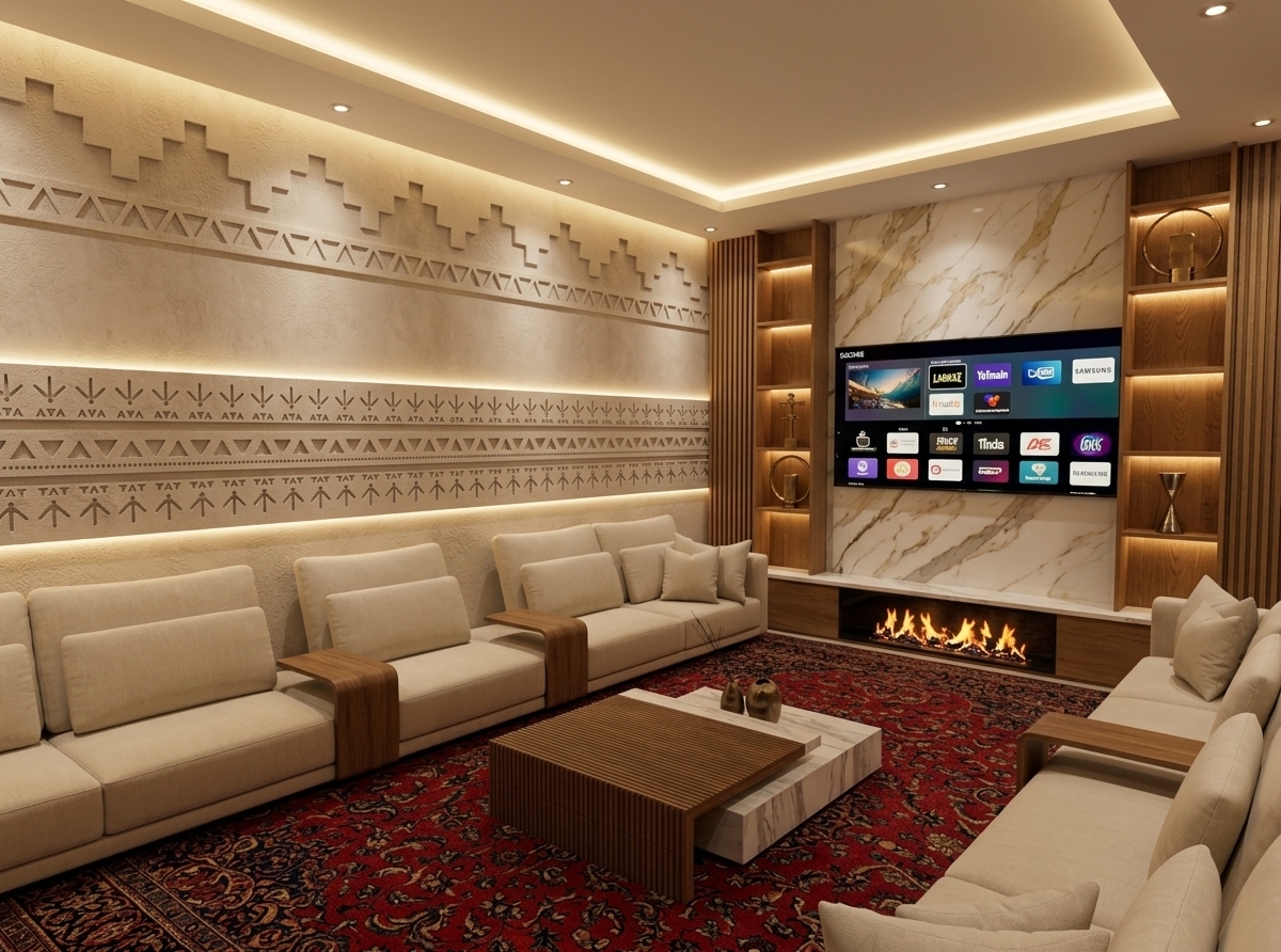 An incredibly lifelike, richly detailed, photorealistic wide-angle interior photograph of a luxurious living room set in a high-end desert retreat. The scene is illuminated by warm, integrated LED cove lighting, recessed ceiling spotlights, and the flickering glow of a modern linear fireplace, creating a cozy, serene, and inviting atmosphere. Captured with a professional architectural lens, emphasizing the intricate relief carvings on the accent wall, polished white marble finishes, rich wood grains, and the highly detailed patterns of the expansive Persian-style rug.

The spacious room features low-profile, cream-colored modular sofas configured with elegant, curved wooden armrests and adorned with subtle olive green and beige cushions. The primary focal wall showcases a large television mounted on a beautiful Calacatta marble slab, directly above a modern ribbon fireplace. This marble feature is flanked by custom-built, warm-toned oak bookshelves with illuminated niches. On the left, the accent wall is decorated with complex geometric plaster carvings, beautifully highlighted by concealed uplighting that skims the textured surface. At the center of the space, a multi-tiered coffee table combining ribbed dark wood and white marble anchors the seating area, perfectly complementing the traditional motifs of the sprawling rug underneath.