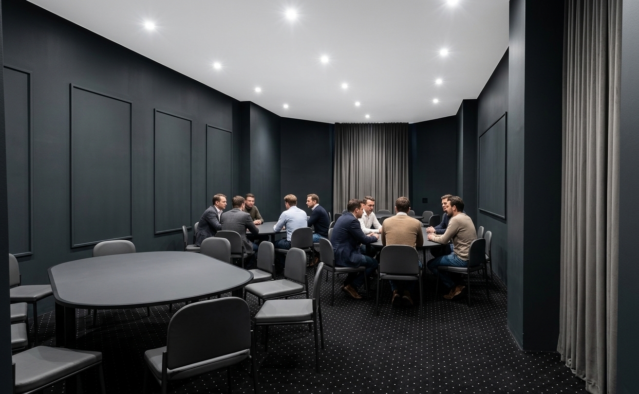 An incredibly lifelike, richly detailed, photorealistic wide-angle interior photograph of a high-end coworking space set in a modern office building. The scene is illuminated by bright, focused spotlights from the ceiling that cast direct, clean white light onto the tables below, creating a highly focused and sophisticated contemporary elegance atmosphere. Captured with a professional 24mm wide-angle lens, emphasizing the crisp textures of the deep anthracite-colored walls and the soft, matte finishes of the furniture. Around several sleek, dark grey oval tables, modern men in smart-casual attire sit closely together, engaged in collaborative, face-to-face discussions without any laptops or digital distractions in sight. The floor is covered in a plush black carpet peppered with tiny white dots, adding a subtle texture underfoot, while the pristine white ceiling contrasts sharply with the moody walls. In the background and foreground, heavy, elegant draperies are tightly closed, completely blocking out the external world and enhancing the focused, productive energy of the beautifully illuminated meeting space.