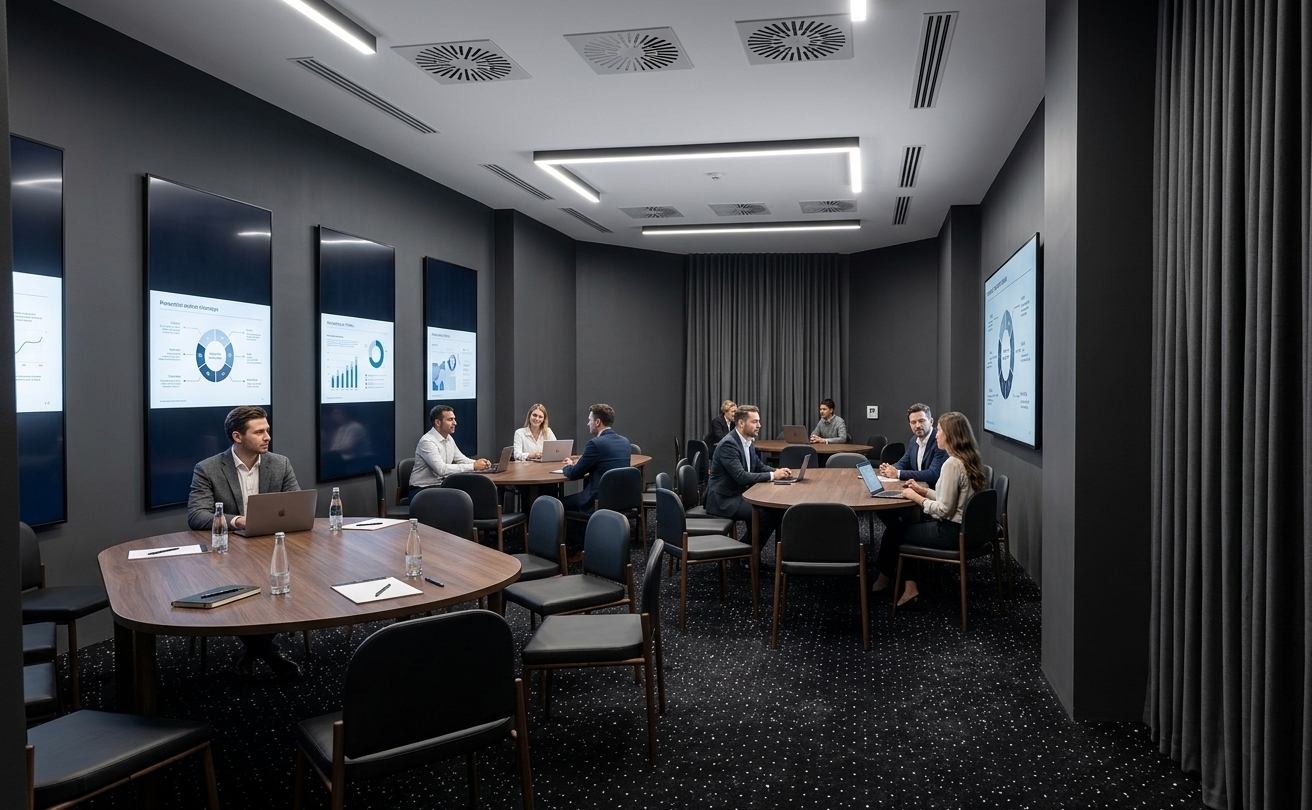 An incredibly lifelike, richly detailed, photorealistic wide-angle interior photograph of a highly sophisticated contemporary co-working space populated by stylish professionals. The scene is illuminated by crisp, diffuse light from modern linear LED fixtures and minimalist ventilation grilles integrated into a clean white ceiling, creating a focused, refined, and moody atmosphere. Captured with a professional 24mm wide-angle lens, emphasizing the clean lines, deep textures, and spacious depth of the room. The walls are finished in a luxurious, matte anthracite gray paint, punctuated by several large, ultra-thin TV screens displaying dynamic presentation graphics. Elegant, heavy anthracite-colored drapes are tightly closed over the window openings, adding soft texture and isolating the space from outside distractions. Underfoot, the floor is covered in a premium plush carpet of deep black speckled with fine white dots, reminiscent of a starry night. Around several large, rounded conference tables crafted from dark wood, contemporary men in smart-casual business attire sit comfortably in ergonomic, dark-upholstered chairs, collaborating, working on laptops, and engaged in active professional dialogue, fully capturing the essence of upscale corporate elegance.