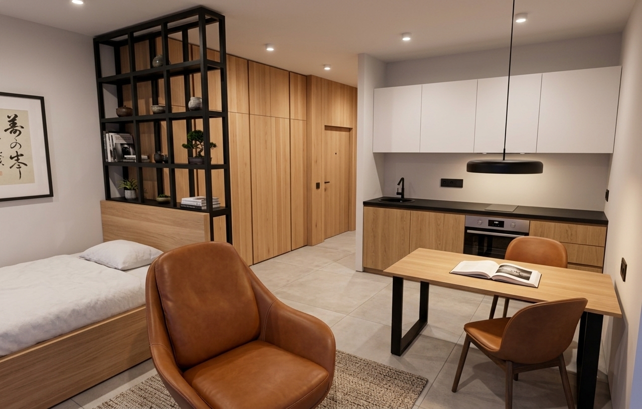 An incredibly lifelike, richly detailed, photorealistic wide-angle interior photo of a Japanese Zen-style studio apartment and study room set in an urban sanctuary on a quiet spring night. The scene is illuminated by warm, recessed ceiling spotlights and a low-slung, matte black pendant light, creating a tranquil, balanced, and wabi-sabi atmosphere. Captured with a 35mm professional lens, emphasizing the rich grain of low wooden furniture, the smooth leather of the cognac accent chair, and the clean lines of the open black partition shelf. Embracing a minimalist and deeply harmonious philosophy, the uncluttered, clutter-free surfaces are finished in natural neutrals and deep blacks, accented by natural greens from a delicate indoor plant. A single-open photography book rests on the light oak dining table, while the crisp white walls are adorned with elegant Japanese calligraphy wall art, completing this calm, simple, and traditional retreat.