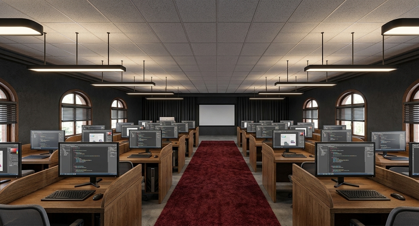 An incredibly lifelike, richly detailed, photorealistic wide-angle interior photo of a state-of-the-art computer lab and digital collaborative meeting room set in a converted industrial loft. The scene is illuminated by a gentle mix of warm diffused light from a modular grid ceiling, sleek matte-black linear LED pendant lights suspended overhead, and natural daylight filtering through historic arched perimeter windows, creating a highly focused and sophisticated learning atmosphere. Captured with a professional 24mm tilt-shift lens, emphasizing the rich, tactile wood grain of the custom-built curved oak workstations and the plush, deep-crimson textured carpet of the central aisle, the composition draws the viewer's eye straight down the symmetrical room toward a dominant presenter's wall with a large flat-panel projection screen. Each workstation features clean, high-resolution monitors, low-profile mechanical keyboards, and slim-profile CPUs tucked neatly away, while the contrasting dark charcoal plaster walls and industrial-style arched windows reflect a perfect blend of historic architecture and vanguard technology.
