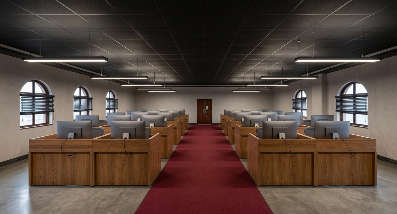 An incredibly lifelike, richly detailed, photorealistic wide-angle interior photo of a state-of-the-art computer lab and meeting room set in a modern industrial loft. The scene is illuminated by soft daylight diffusing through large arched windows, complemented by the clean, direct glow from minimalist linear pendant lights suspended from a dark, paneled ceiling, creating a focused and sophisticated atmosphere. Captured with a 24mm tilt-shift lens, emphasizing the rich grain of the warm wood workstations, the rich texture of the central crimson carpet runner, and the matte finish of the plaster walls. 

Rows of symmetrical, custom oak computer desks are neatly arranged on both sides of the central aisle, each equipped with sleek, modern monitors. Along the walls, the elegant arched windows are fitted with dark horizontal blinds that cast subtle, rhythmic shadows, while a pair of polished double wooden doors defines the focal point at the far end of the room, completing this highly balanced and professional educational space.