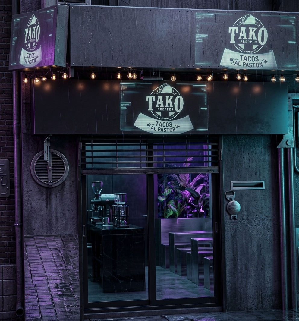 An incredibly lifelike, richly detailed, photorealistic medium-wide architectural photo of a futuristic, high-tech coffee shop facade set in a gritty, rain-slicked urban alleyway. The scene is illuminated by a moody combination of deep violet and sharp cyan neon illumination, reflecting off wet pavement and creating a tense, neon noir atmosphere. Captured with a professional medium-format camera, emphasizing the contrasting textures of rough, dark weathered concrete, matte black anodized metal, and the slick sheen of rain-streaked glass. 

Where the shuttered entrance once stood, a sleek, dark-tinted sliding glass entryway now reveals a moody cyberpunk sanctuary. Above, the bulky overhead sign is reimagined as a matte charcoal-gray industrial canopy, accented with a mesmerizing holographic wall art display that projects shifting, translucent patterns into the damp air. The exterior walls are finished in deep monochromatic shades of gray and black, framed by sharp, recessed neon strips. Inside, minimalist surfaces of polished black stone and brushed metal hold high-tech brewing apparatuses. In the background, sleek metal and glass furniture is meticulously arranged, interspersed with lush, vibrant indoor plants glowing under soft UV lights, creating a perfect synthesis of industrial cybernetics and organic life.