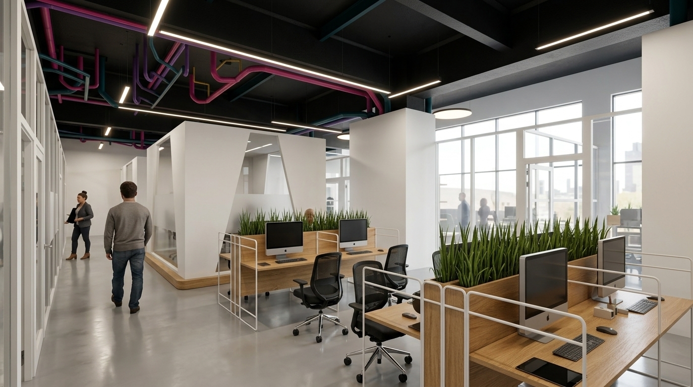 An incredibly lifelike, richly detailed, photorealistic wide-angle interior eye-level shot of a modern fusion coworking office space set in a vibrant urban corporate facility during midday in spring. The scene is illuminated by warm natural commercial interior lighting (3000K–3500K) blended with soft, diffused daylight pouring through expansive floor-to-ceiling perimeter windows, creating a bright, energetic, and highly productive atmosphere. Captured with a professional 24mm tilt-shift lens, emphasizing the crisp textures of the satin-finish light gray epoxy flooring, natural oak wood desk grains, and the high-gloss sheen of the magenta-painted overhead utility pipes, the rendering perfectly delivers a balanced, high-end magazine quality. The striking, black-painted exposed industrial ceiling features continuous linear LED lighting strips that cast a clean, even glow, accentuating the vibrant purple and dark teal utility conduits. Arranged down the center of the space are modular workstations constructed from light oak panels with clean white metal framing, topped with premium black-and-silver desktop computers and separated by integrated timber planters containing neat, vertical green grass dividers. Elegant black mesh ergonomic office chairs on polished chrome bases are positioned at each desk. To the left, a long corridor framed by white plaster walls and minimalist glass partitions leads the eye deeper into the layout, where natural silhouettes of people capture a sense of calm movement and professional collaboration. A series of sculptural, angular white semi-private meeting modules define the midground, their matte surfaces casting realistic, soft shadows. Precise global illumination, ray-traced reflections on the glass and polished floor surfaces, and expert ambient occlusion bring outstanding depth and tangible realism to this sophisticated architectural visualization.