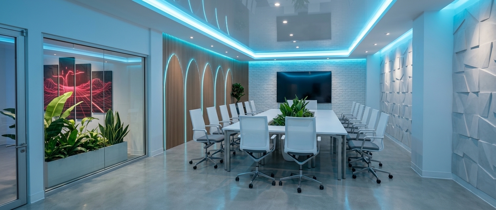 An incredibly lifelike, richly detailed, photorealistic wide-angle interior shot of a streamlined conference room set in a high-tech digital zen coworking space. The scene is illuminated by a cool, neon-blue ambient glow reflecting off a glossy stretched ceiling and crisp, recessed spotlights that cast elegant light arches across the walls, creating a tranquil yet innovative atmosphere. Captured with a professional 24mm tilt-shift lens, emphasizing the texture of the warm vertical wood slats, the pristine white office chairs, and the sleek metal finishes. 

In this minimalist, clutter-free environment, a large, hollow boardroom table with sleek metal supports is surrounded by minimalist ergonomic chairs in shades of white and cool gray. On the left, a floor-to-ceiling glass partition separates the main room from a tranquil, indoor plant enclosure featuring lush greenery and a vibrant red digital landscape wall art piece, blending naturalism with a subtle cyberpunk edge. The far wall features a clean white brick finish accented by a large, high-tech display screen, while the right wall displays a series of geometric textured panels illuminated by soft spotlights. Perfect for an architectural photography book, this innovative layout seamlessly blends futuristic smart technology with peaceful, Zen-inspired design elements.
