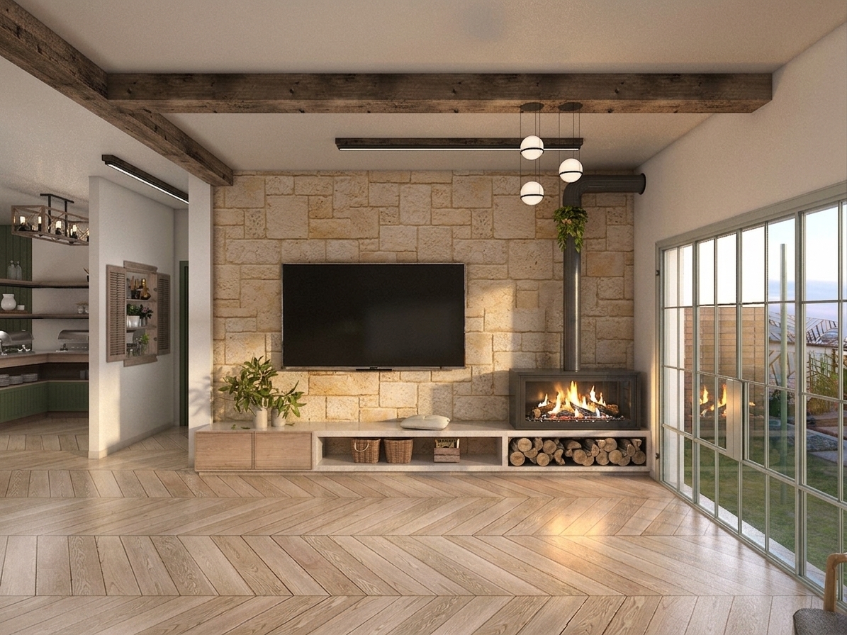 A professionally shot, high-resolution interior photograph of a warm and cozy living room, maintaining the exact layout, materials, and composition of the scene. The fireplace features a highly realistic, dancing fire with organic golden-orange flames licking at charred logs, casting a warm, flickering glow on the beige stone wall and the chevron-patterned oak floor. The logs in the storage alcove below show natural bark textures, splinters, and rough-cut ends. Soft, late-afternoon natural light streams through the large grid windows on the right, blending seamlessly with the warm ambient light of the spherical pendant lamps and the fire. The textured sandstone blocks of the wall have a tactile quality with natural masonry imperfections, while the dark wooden ceiling beams reveal deep grains, cracks, and a rustic matte finish. The polished chevron wood flooring reflects the warm firelight with realistic satin sheen and micro-scratches. The scene is captured sharpness and depth through a wide-angle lens, featuring natural lens bloom, soft shadows, and a subtle vignette that enhances the inviting, lived-in atmosphere.