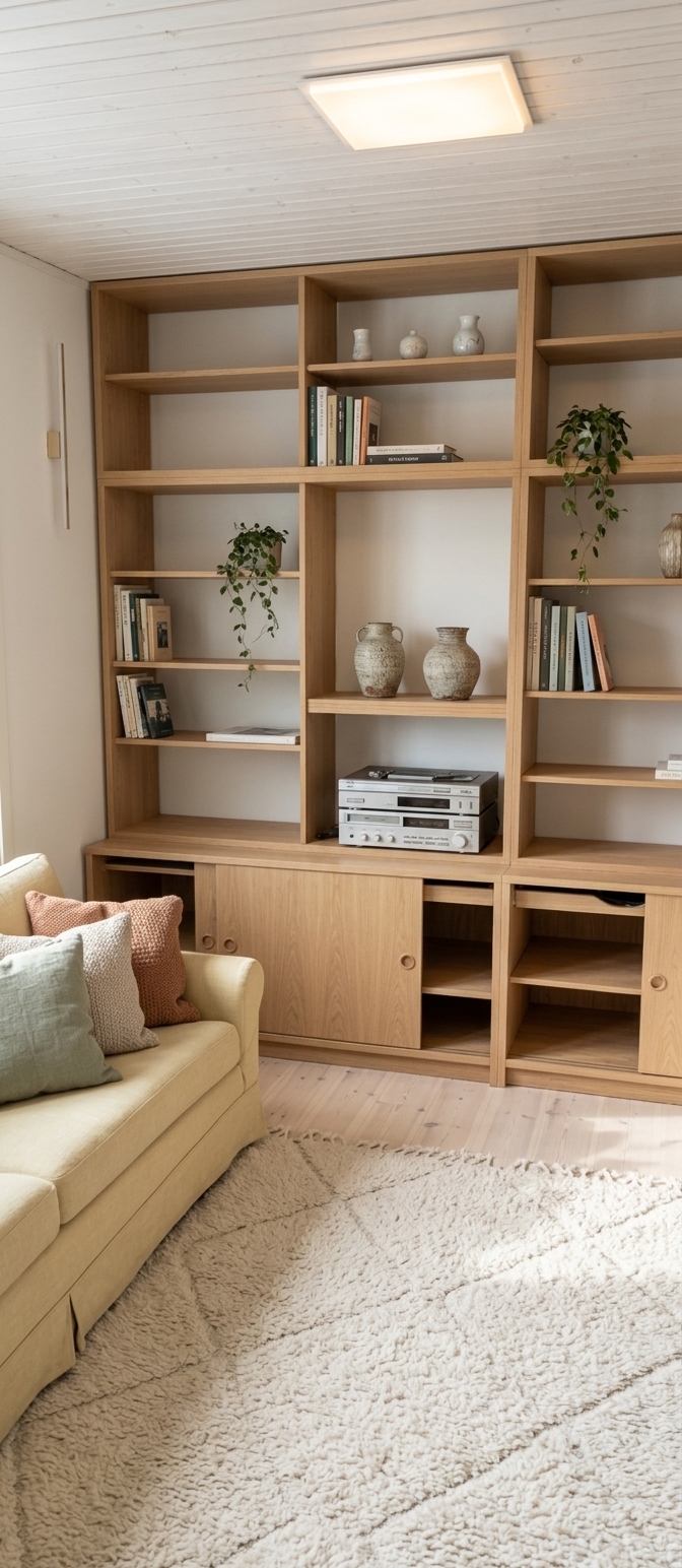 An incredibly lifelike, richly detailed, photorealistic wide-angle interior shot of a serene study room reimagined as a Scandinavian sanctuary set in a bright, modern residential home. The scene is illuminated by soft, natural morning sunlight filtering into the room, complemented by the warm, diffuse glow of a sleek, minimalist flush-mount ceiling plafon, creating a calm, airy, and inviting atmosphere. Captured with a 35mm lens, emphasizing the natural white oak wood grains, the plush texture of the wool rug, and the soft, tactile fabrics of the sofa, the redesigned space successfully removes the awkward cabinet to create breathing room between the seating and the shelving. The monolithic wall unit is transformed into a beautifully curated oak bookcase styled with ceramic vases, art books, and small potted trailing plants. The dark ceiling is updated to a bright, white-washed wood paneling, significantly opening up the room. A large, high-pile cream Berber rug with a subtle geometric pattern rests on the light timber floor, while the cozy pale-yellow sofa is styled with an assortment of textured linen and knit throw pillows in soft sage green, terracotta, and oatmeal tones, culminating in a harmonious, comfortable, and highly functional workspace.